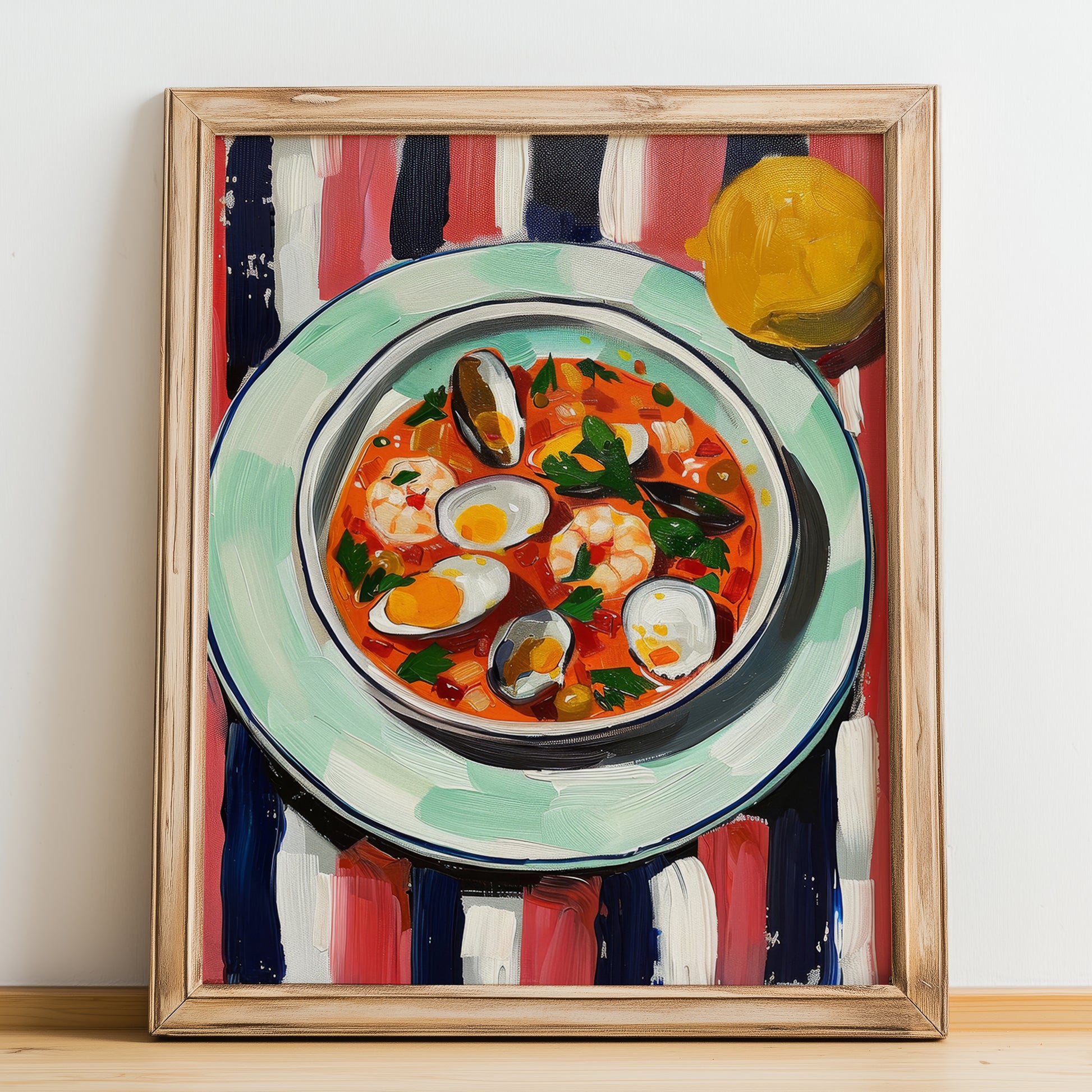 Cioppino – Italian Soup Dish, Farmhouse Kitchen Poster, no-text version framed in wood