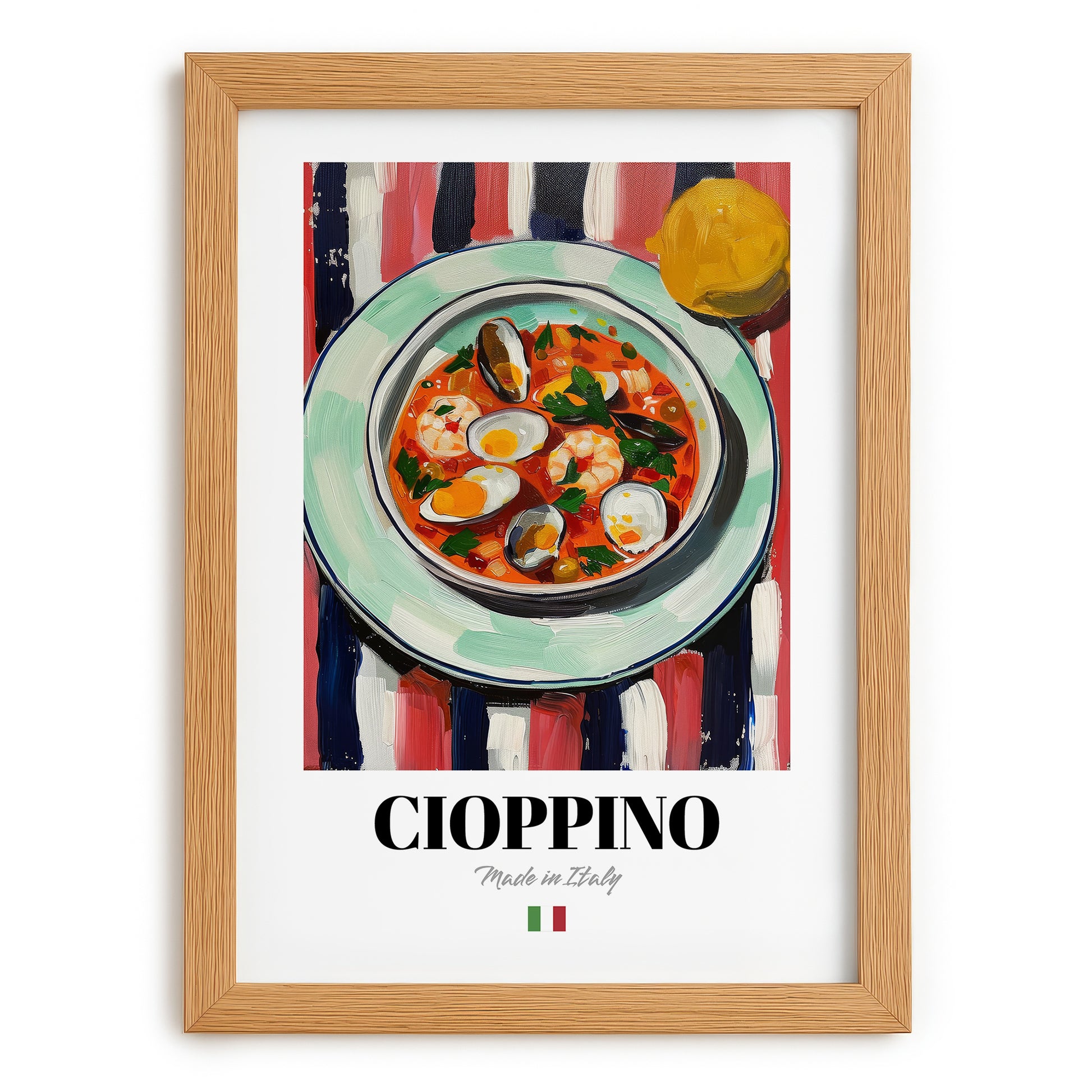 Cioppino – Italian Soup Dish, Farmhouse Kitchen Poster, set in oak frame