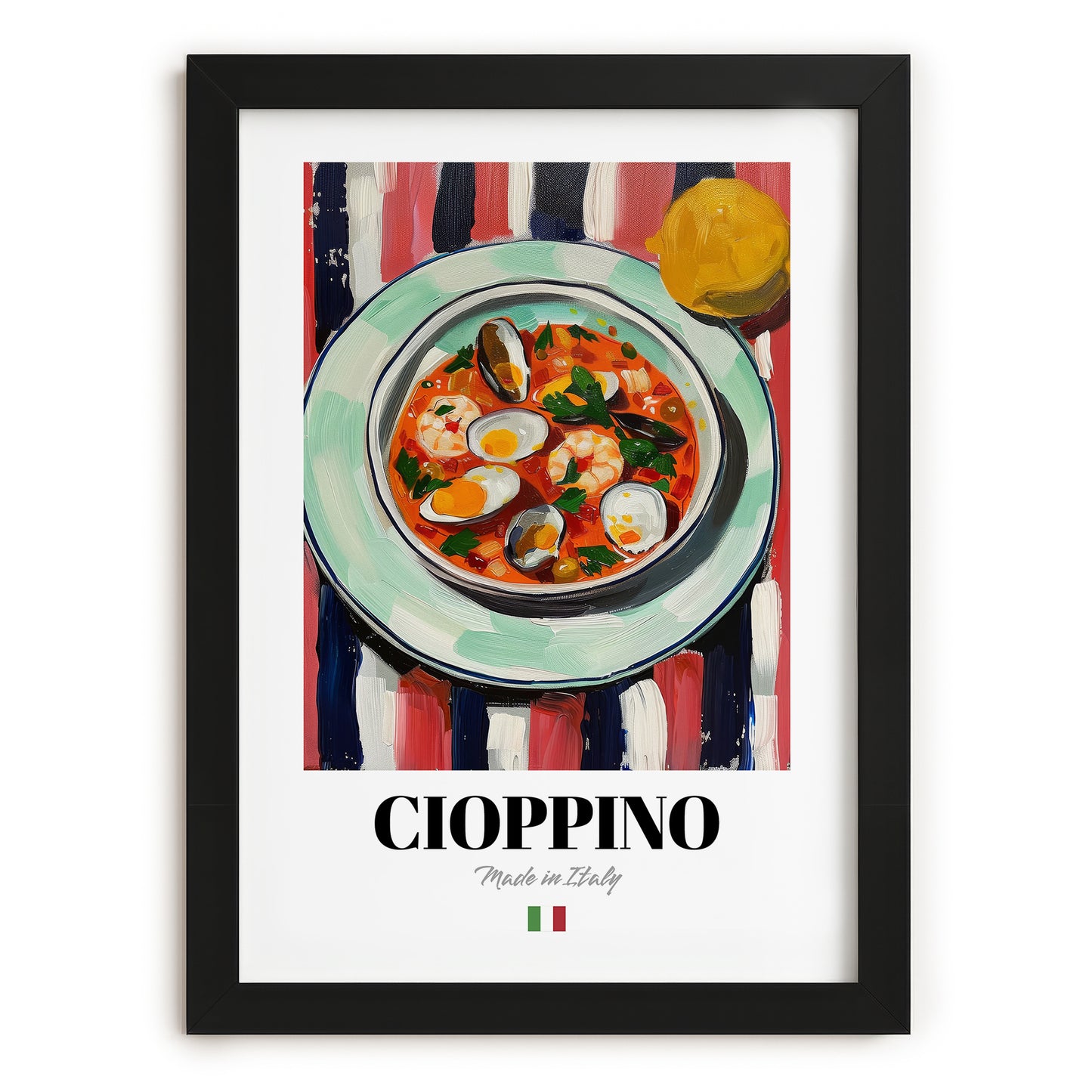 Cioppino – Italian Soup Dish, Farmhouse Kitchen Poster, in sleek black frame