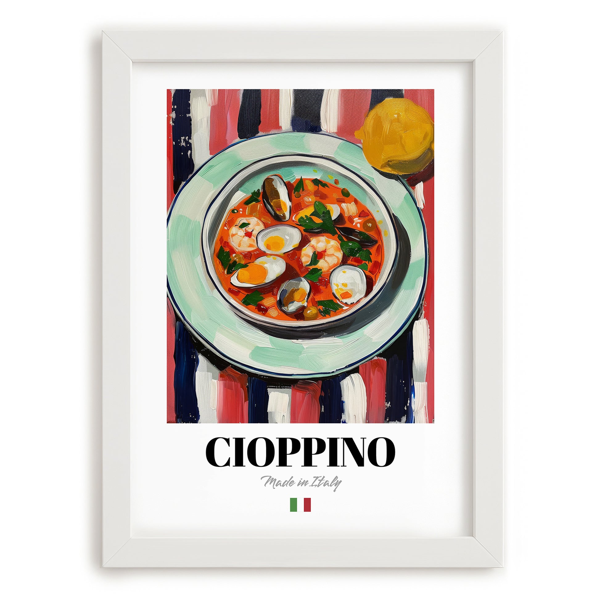 Cioppino – Italian Soup Dish, Farmhouse Kitchen Poster, placed in minimal white frame