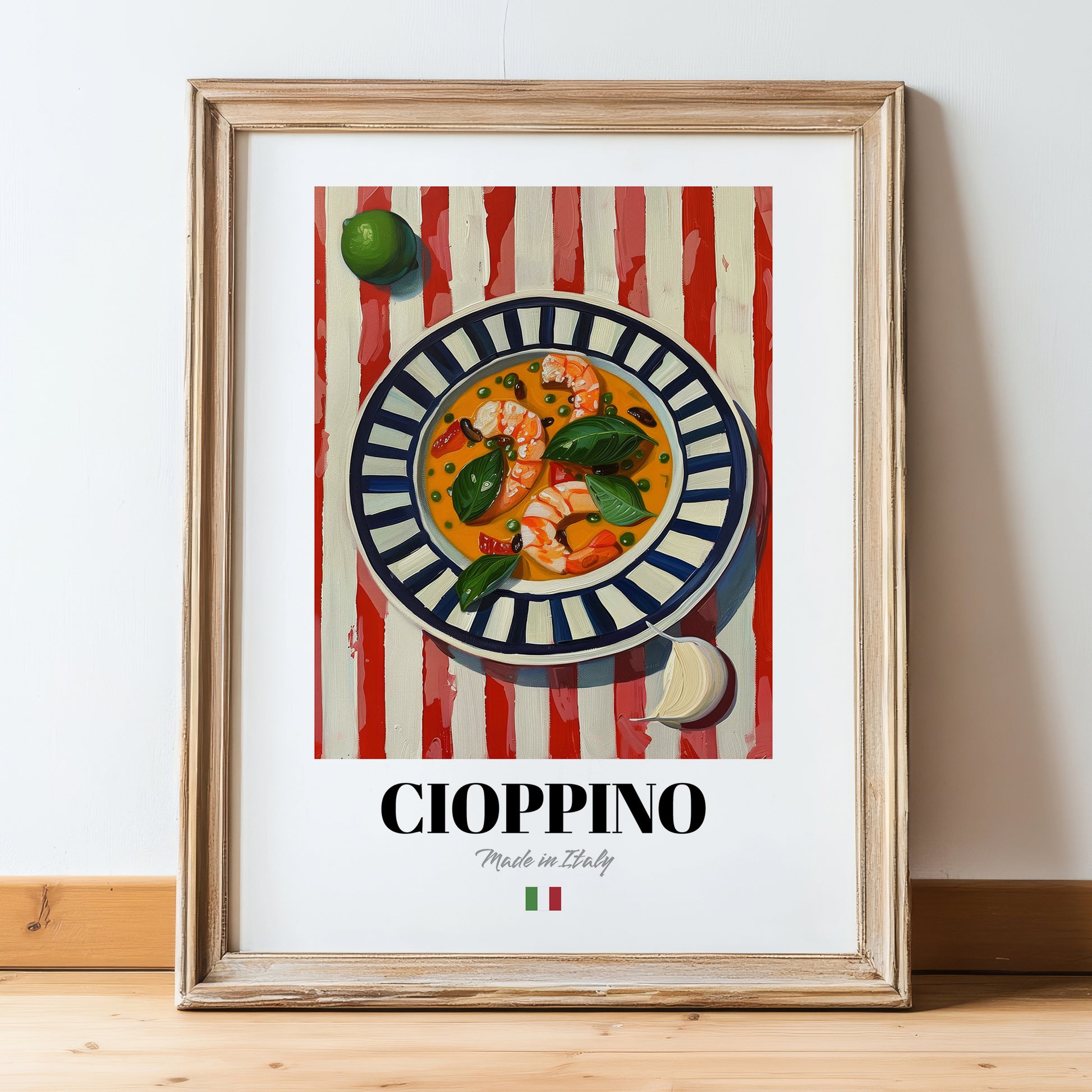 Cioppino – Italian Soup Dish, Bistro Still Life, in wooden frame leaning on the floor