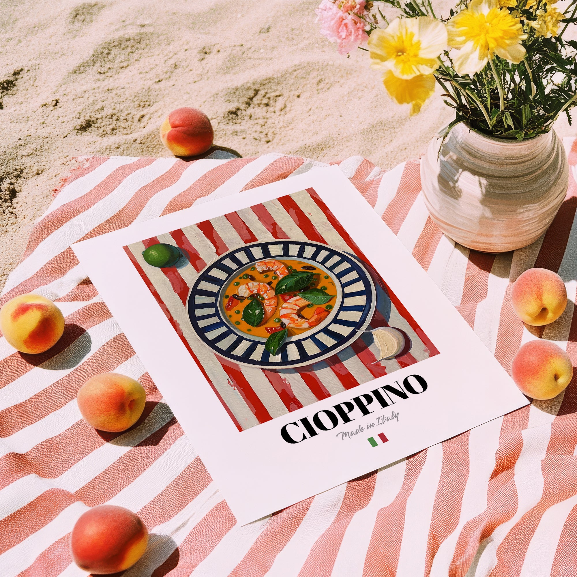 Cioppino – Italian Soup Dish, Bistro Still Life, unframed on coastal sand