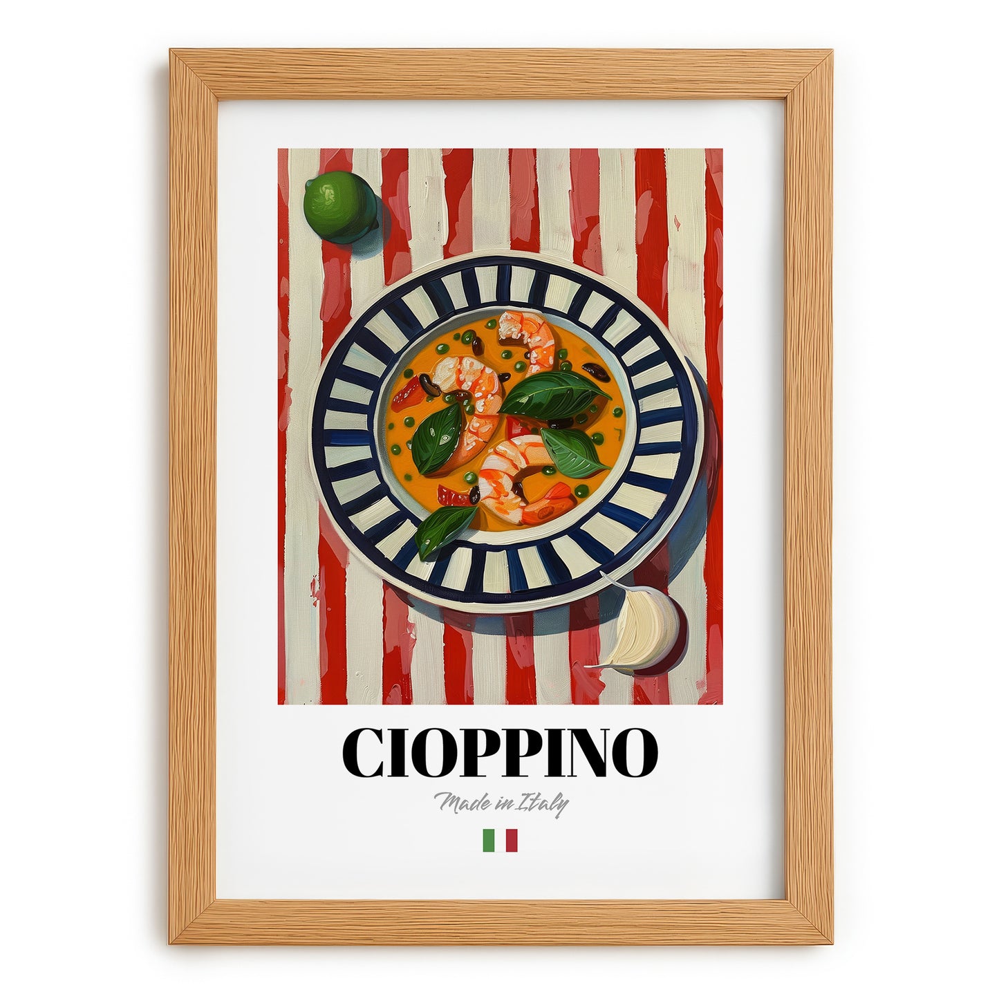 Cioppino – Italian Soup Dish, Bistro Still Life, set in oak frame