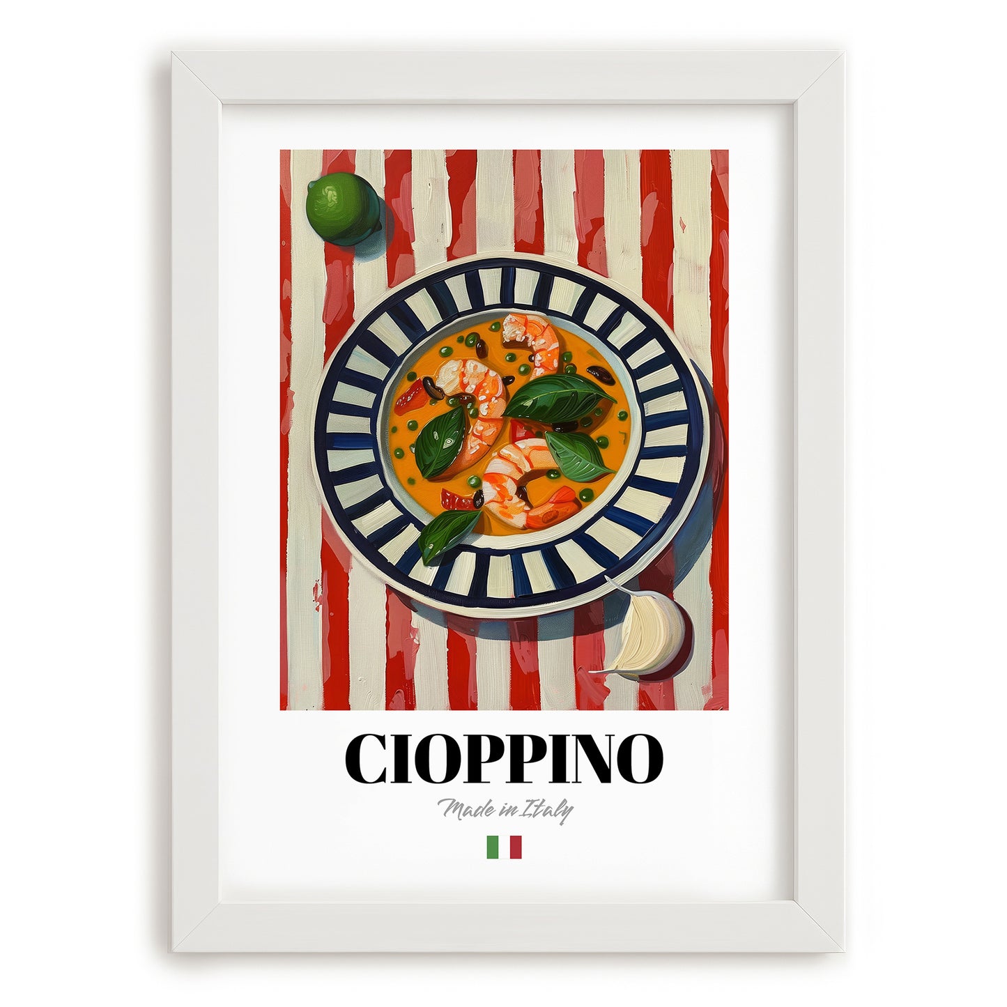 Cioppino – Italian Soup Dish, Bistro Still Life, placed in minimal white frame