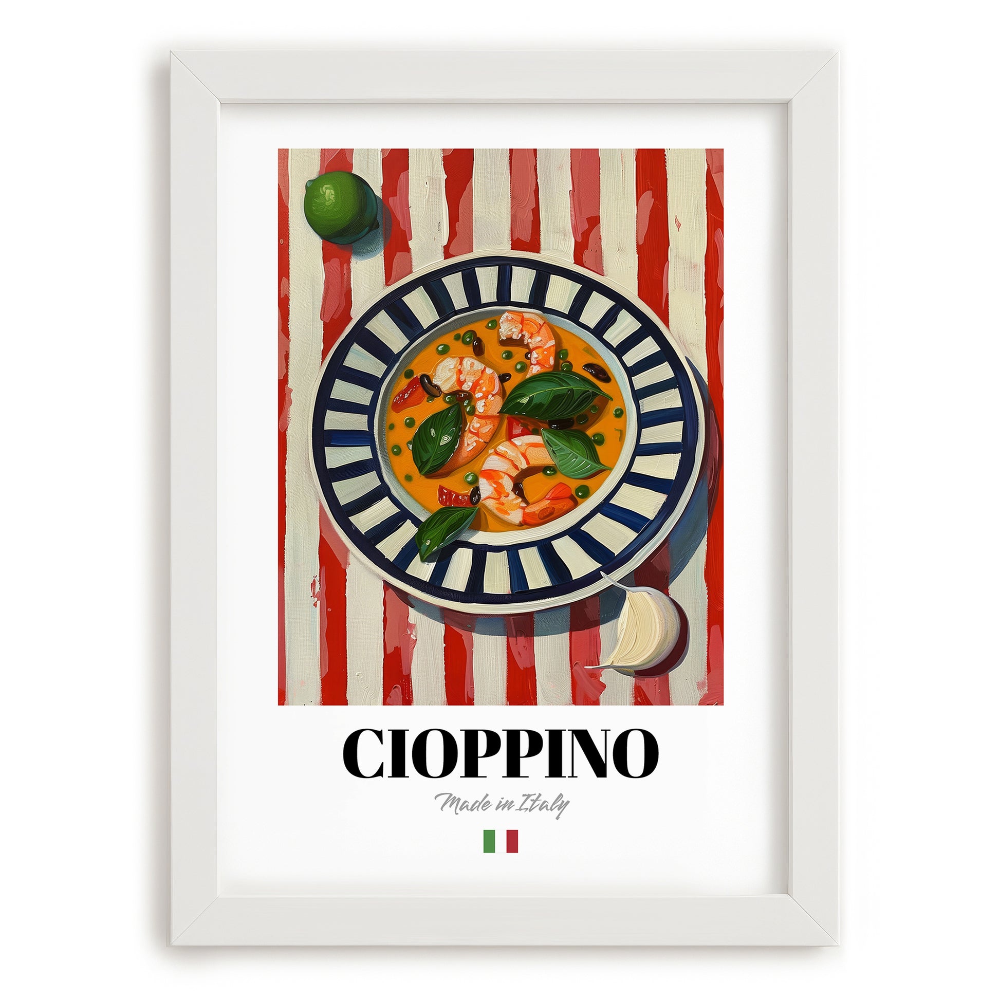 Cioppino – Italian Soup Dish, Bistro Still Life, placed in minimal white frame