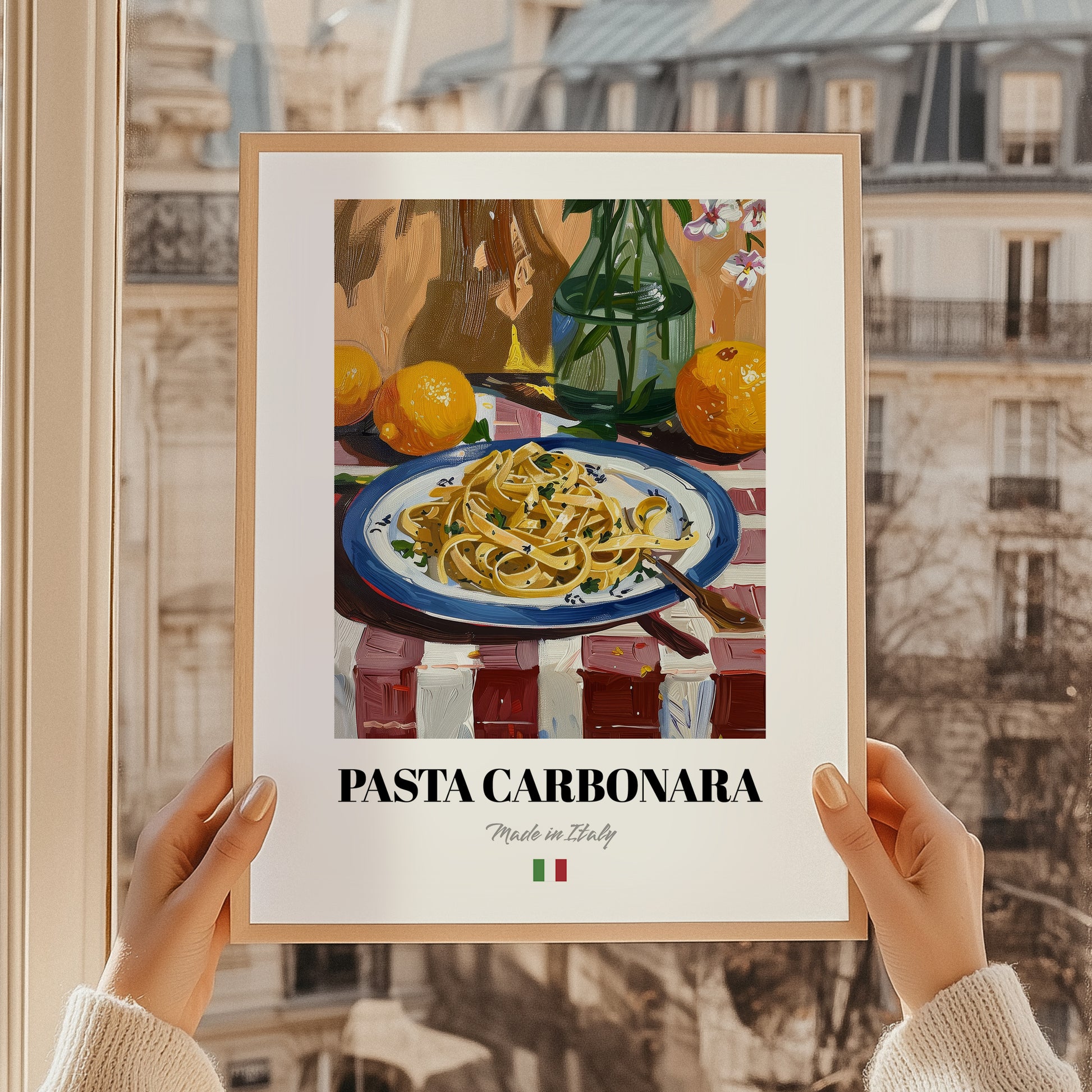 Pasta Carbonara – Italian Pasta, Ristorante Print, styled in a charming Paris street view