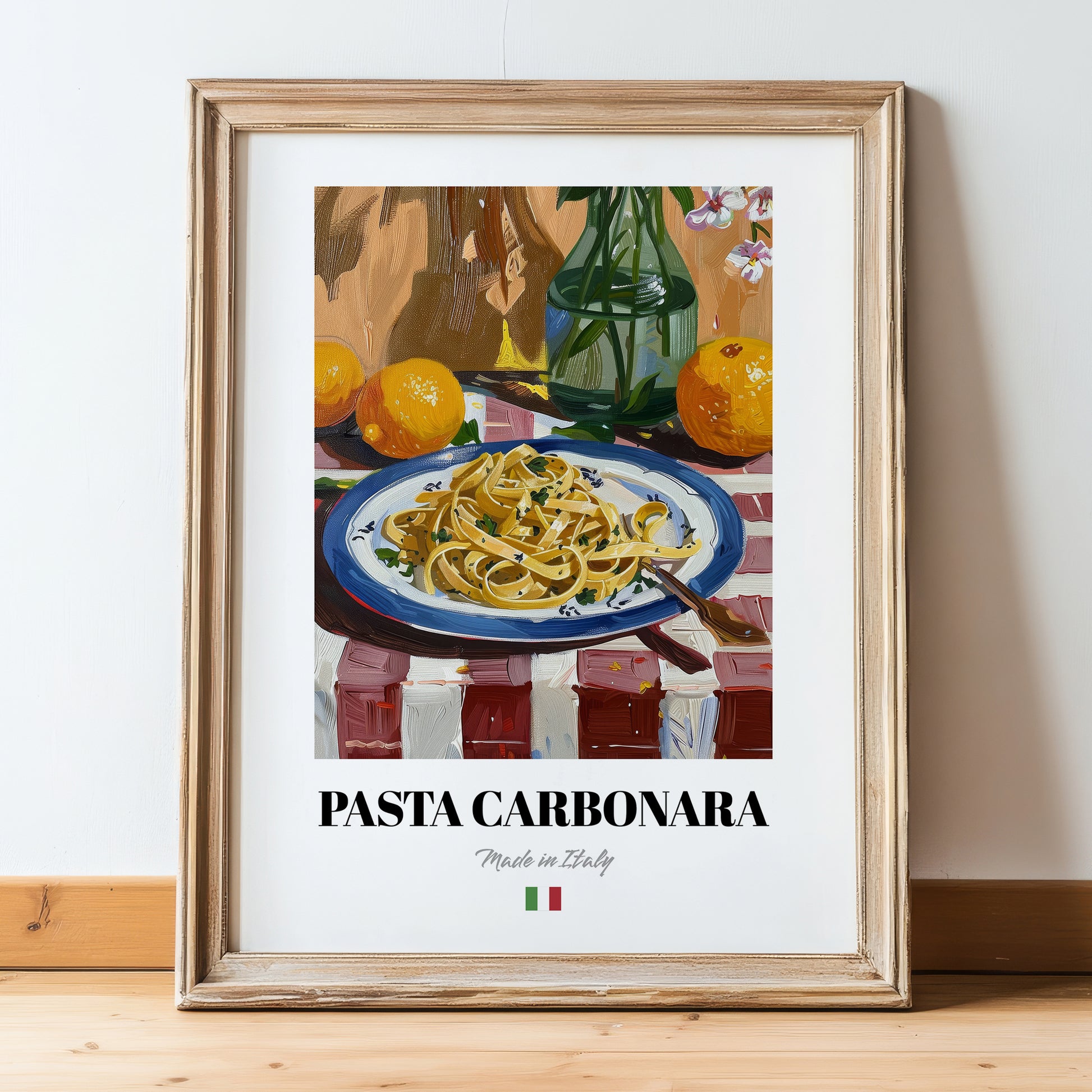Pasta Carbonara – Italian Pasta, Ristorante Print, in wooden frame leaning on the floor