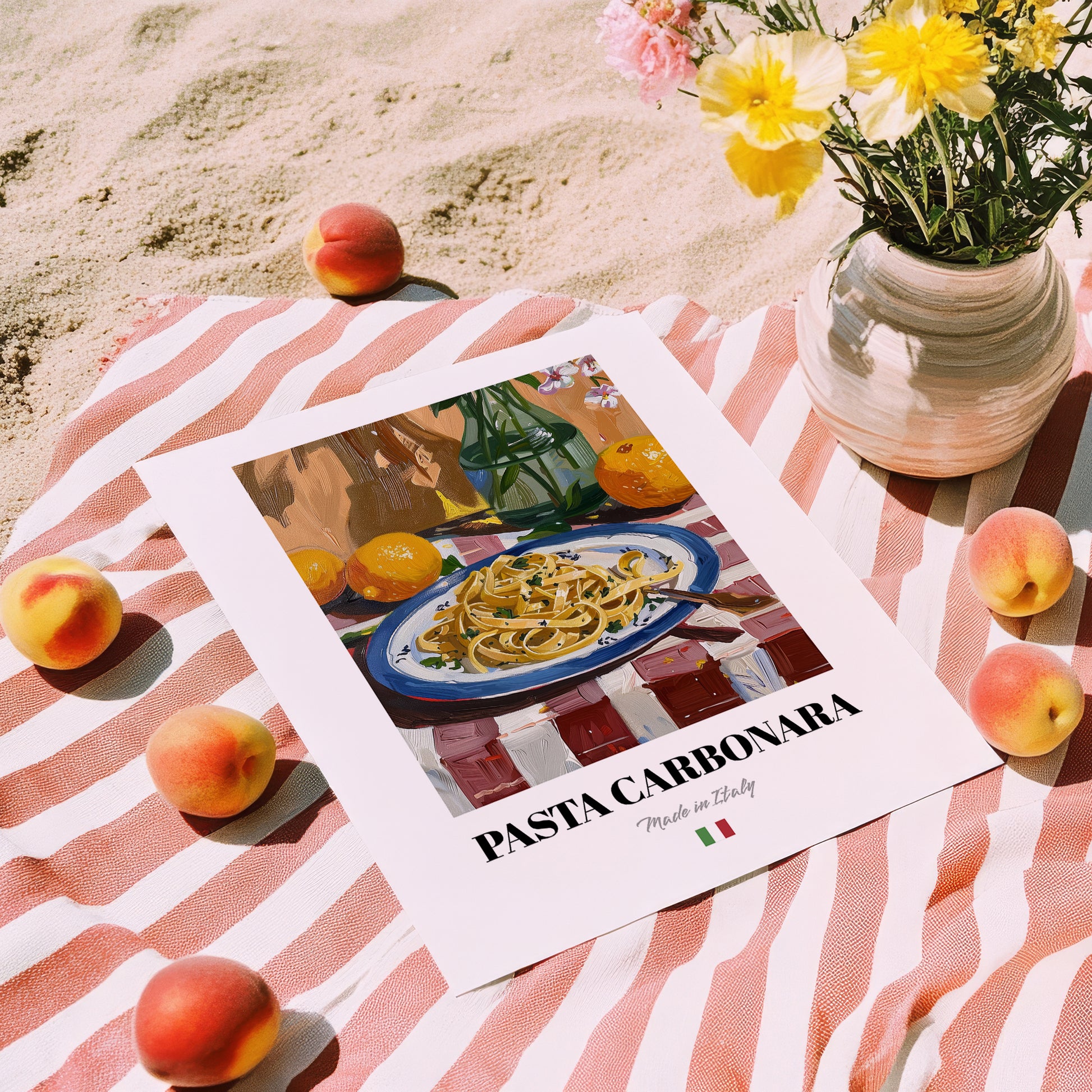 Pasta Carbonara – Italian Pasta, Ristorante Print, unframed on coastal sand
