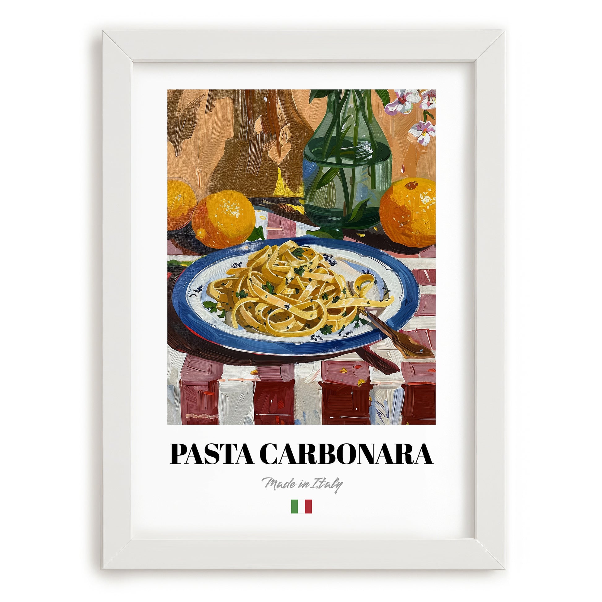 Pasta Carbonara – Italian Pasta, Ristorante Print, placed in minimal white frame
