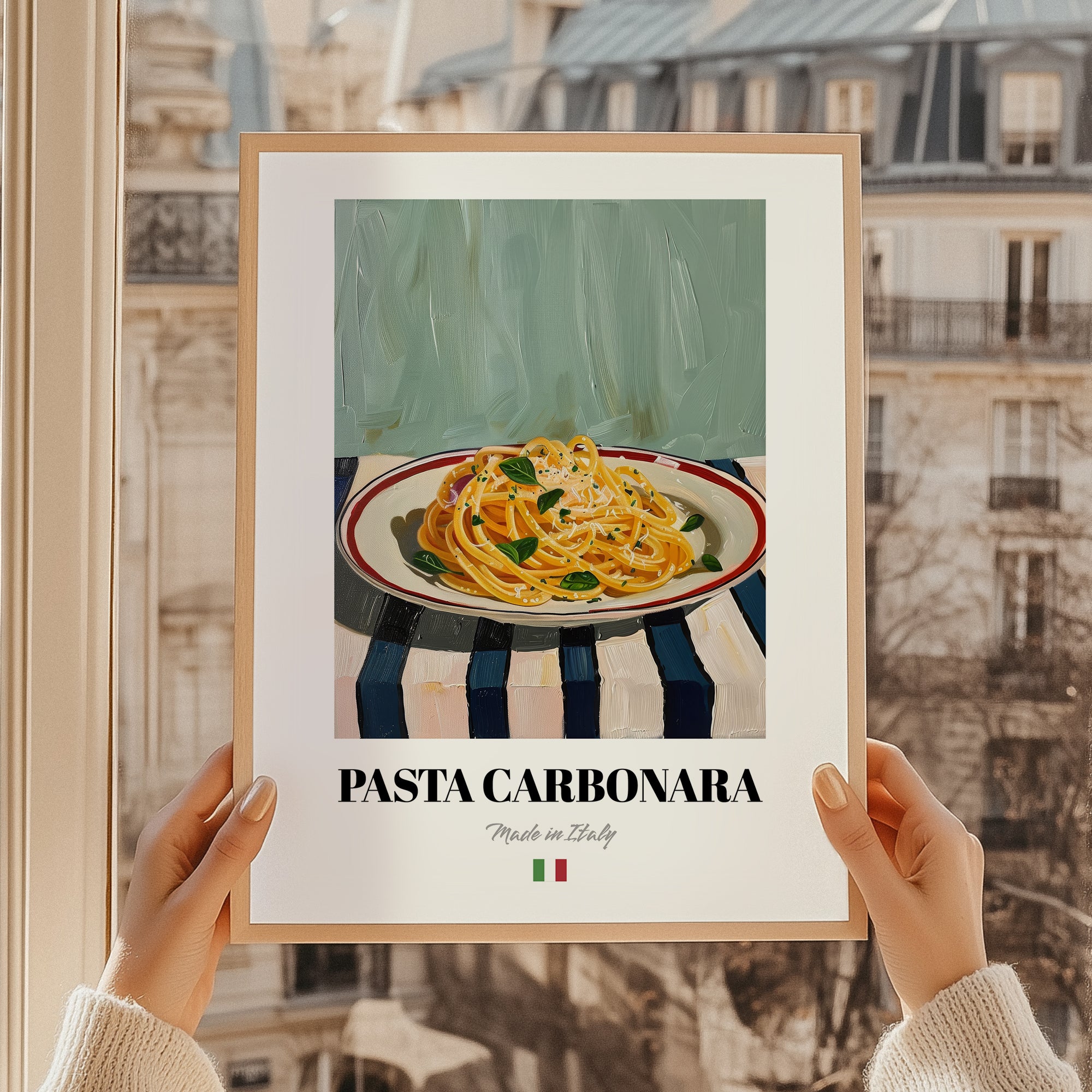 Pasta Carbonara – Italian Pasta, Ristorante Poster, styled in a charming Paris street view