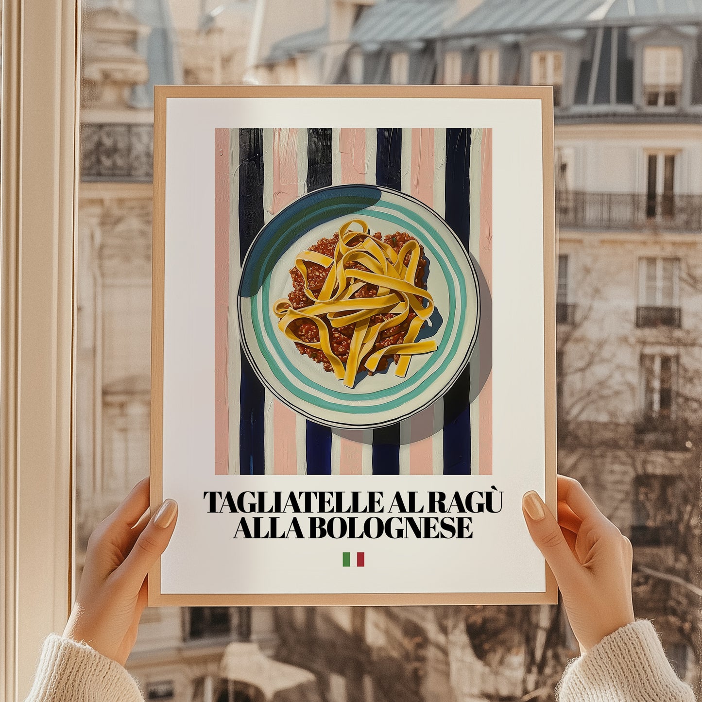 Tagliatelle al ragù alla Bolognese – Italian Pasta, Trattoria Poster, styled in a charming Paris street view
