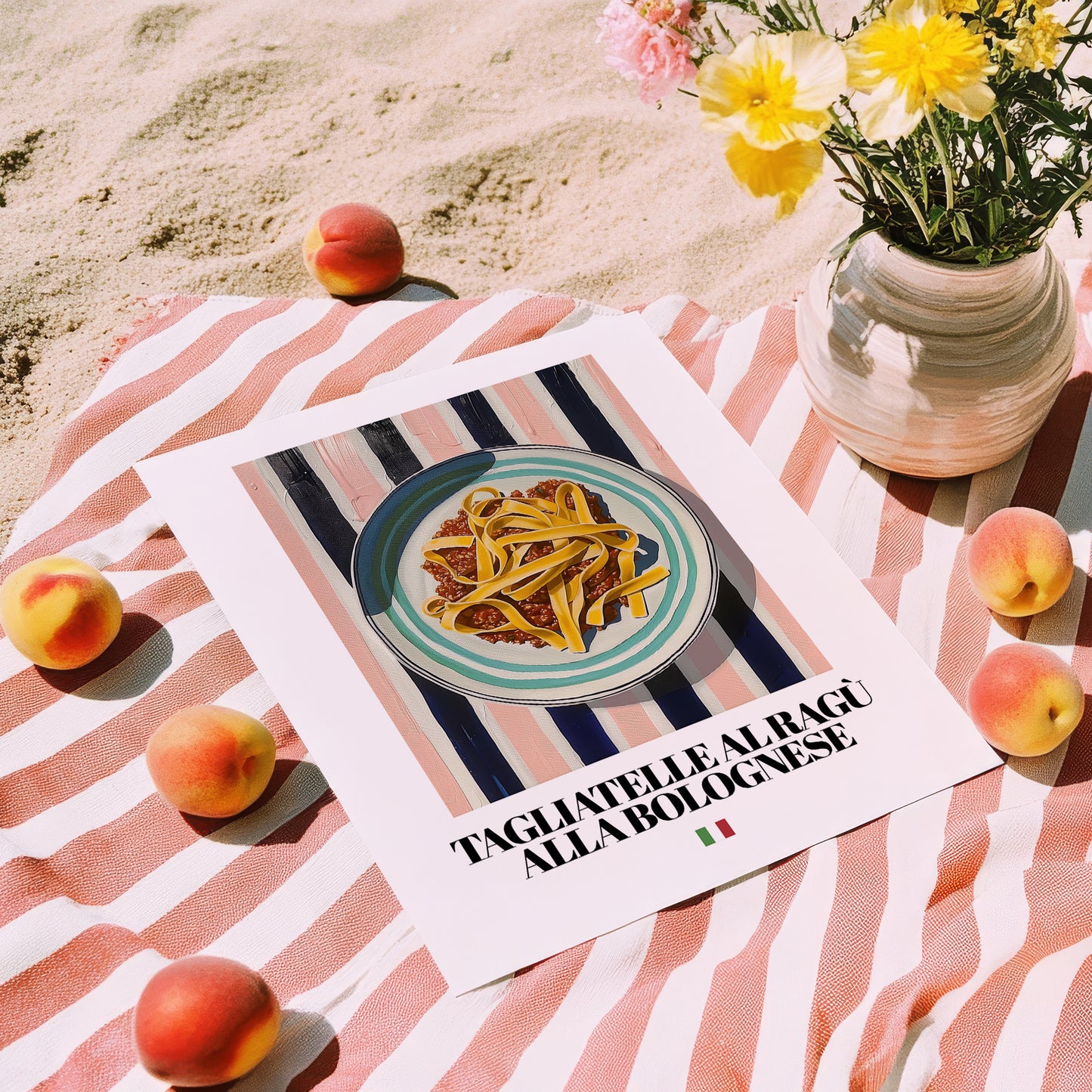 Tagliatelle al ragù alla Bolognese – Italian Pasta, Trattoria Poster, unframed on coastal sand