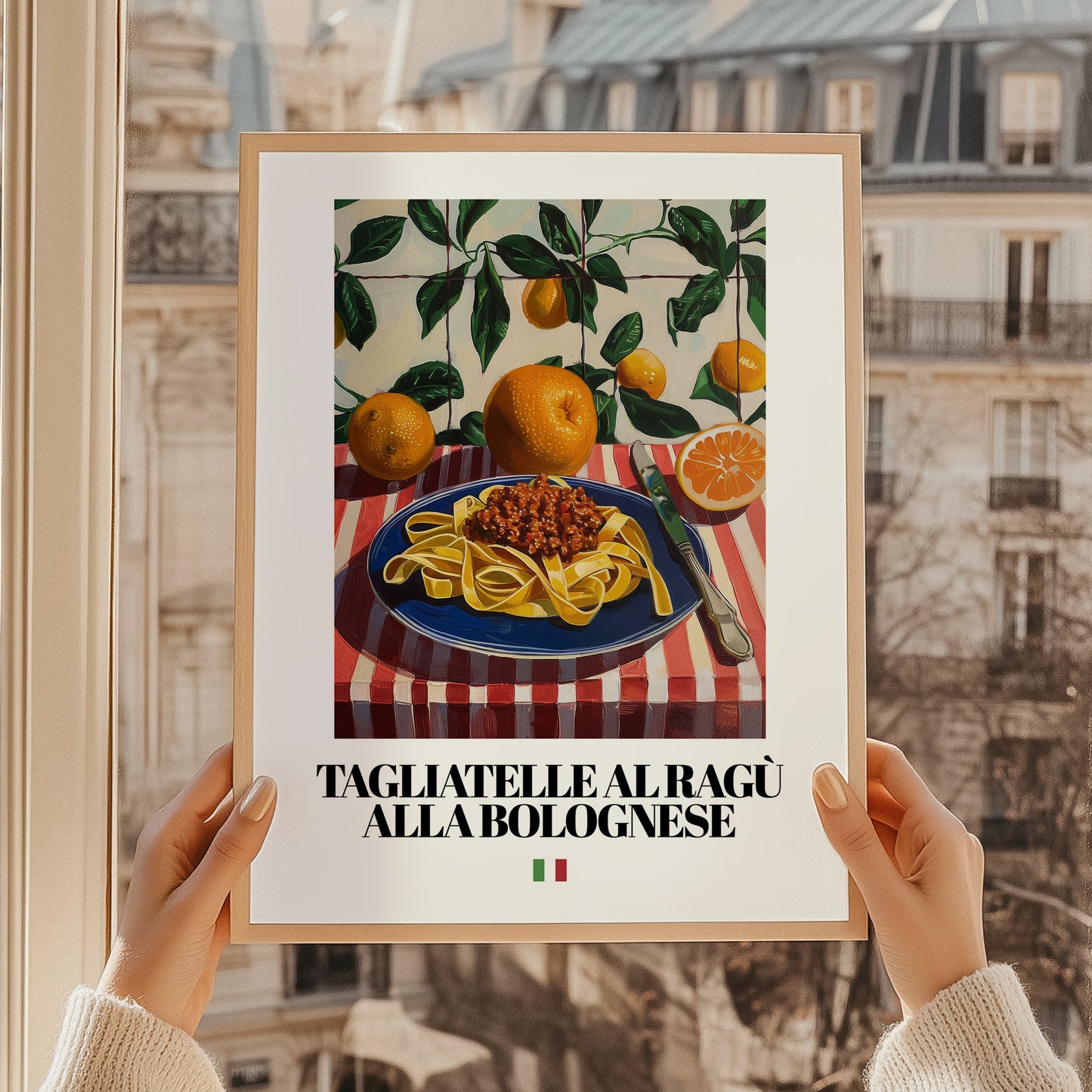 Tagliatelle al ragù alla Bolognese – Italian Pasta, Trattoria Poster, styled in a charming Paris street view