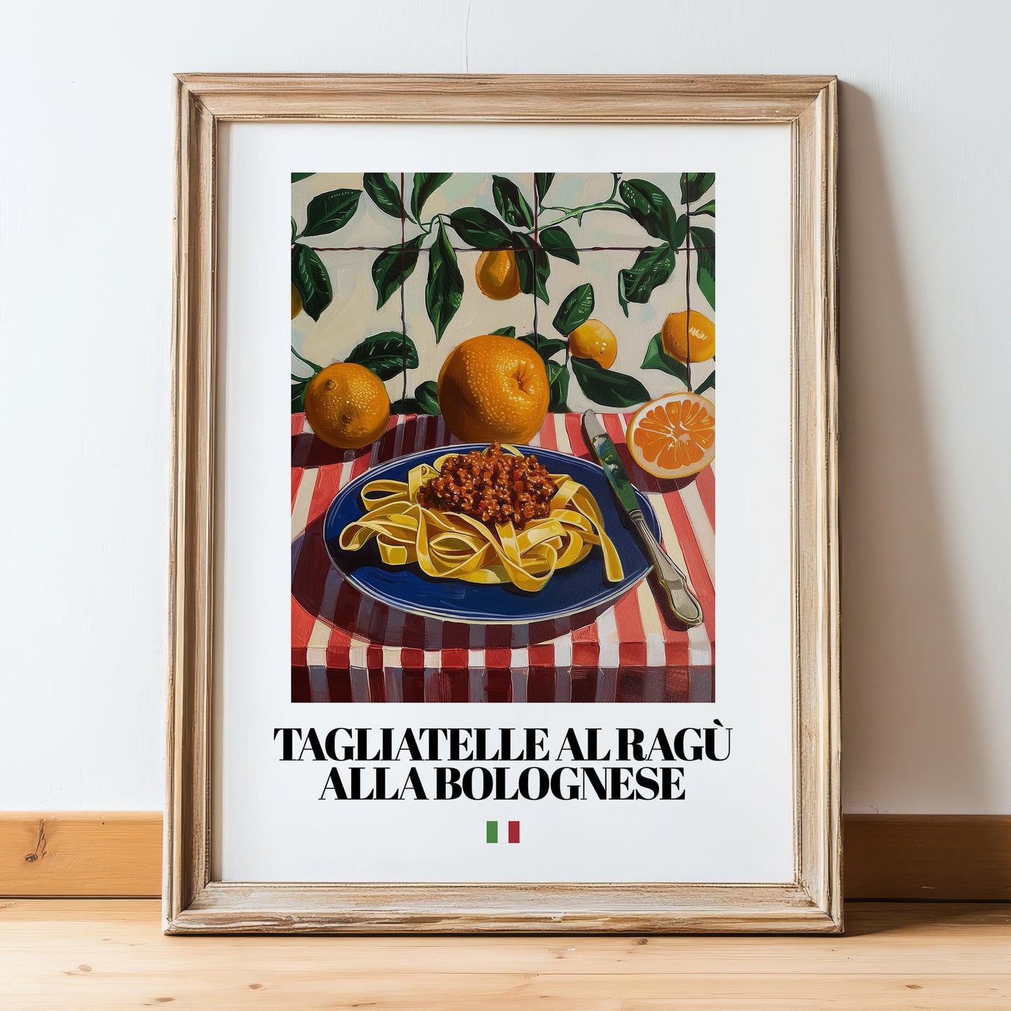 Tagliatelle al ragù alla Bolognese – Italian Pasta, Trattoria Poster, in wooden frame leaning on the floor
