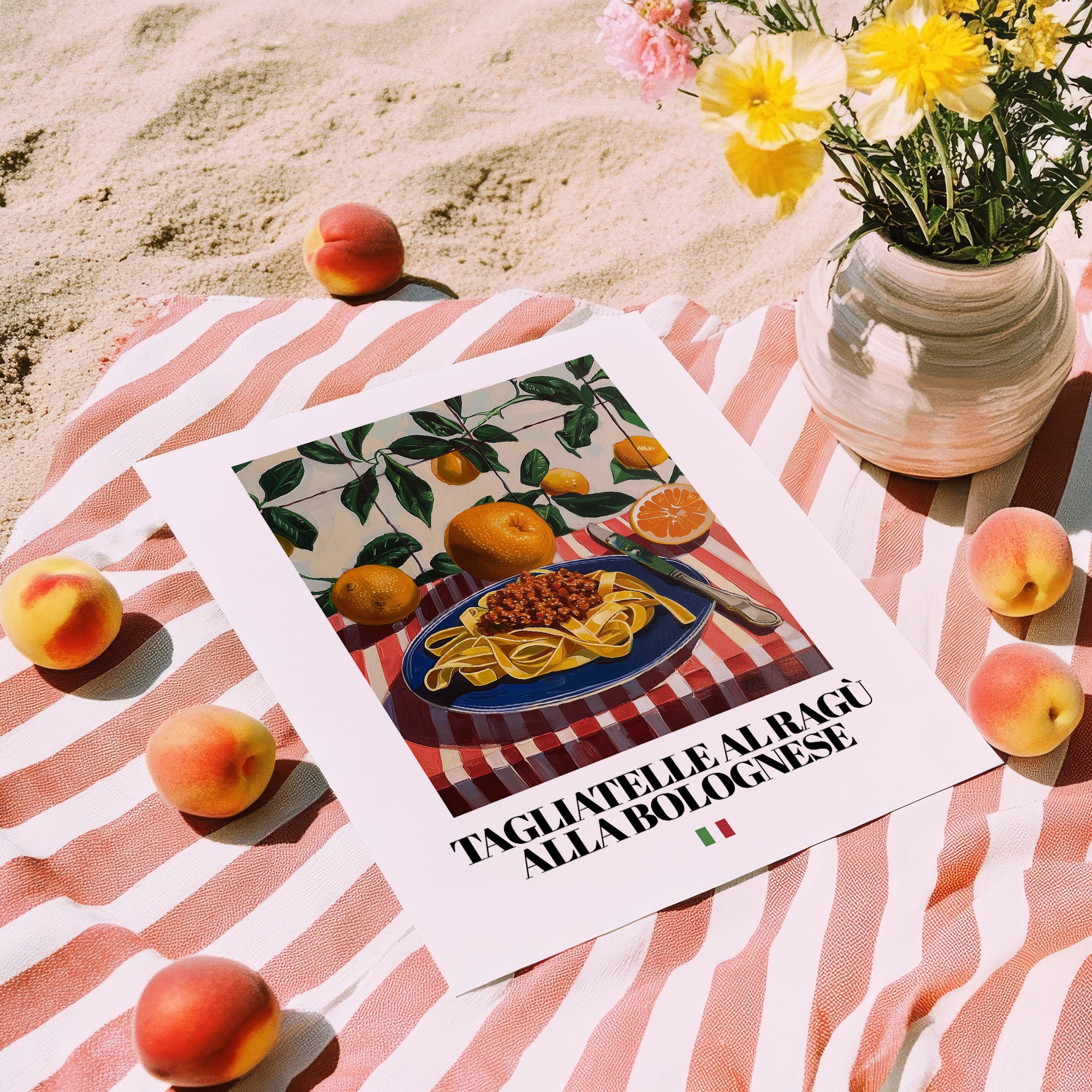 Tagliatelle al ragù alla Bolognese – Italian Pasta, Trattoria Poster, unframed on coastal sand