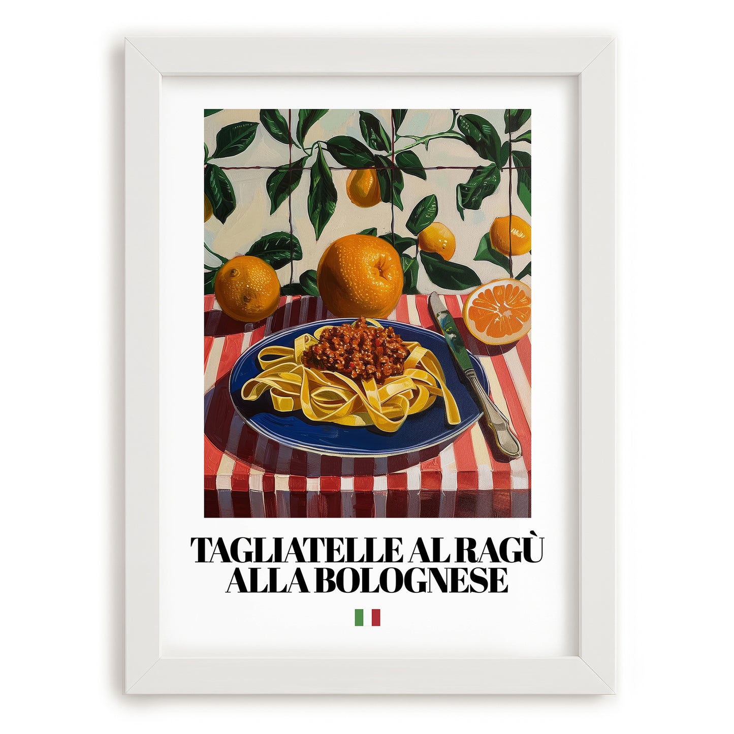 Tagliatelle al ragù alla Bolognese – Italian Pasta, Trattoria Poster, placed in minimal white frame
