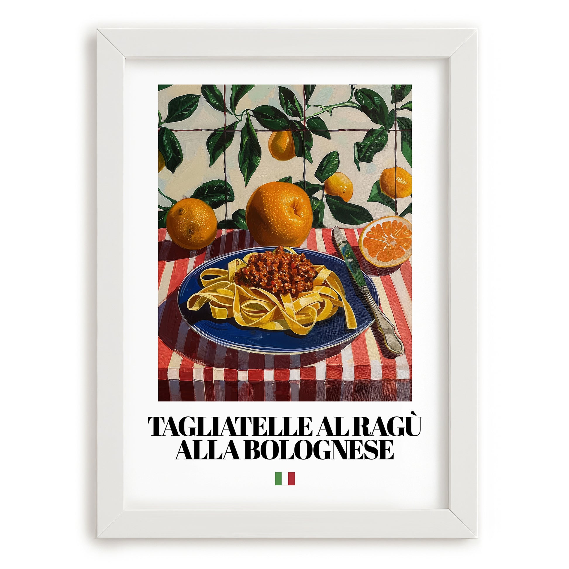 Tagliatelle al ragù alla Bolognese – Italian Pasta, Trattoria Poster, placed in minimal white frame