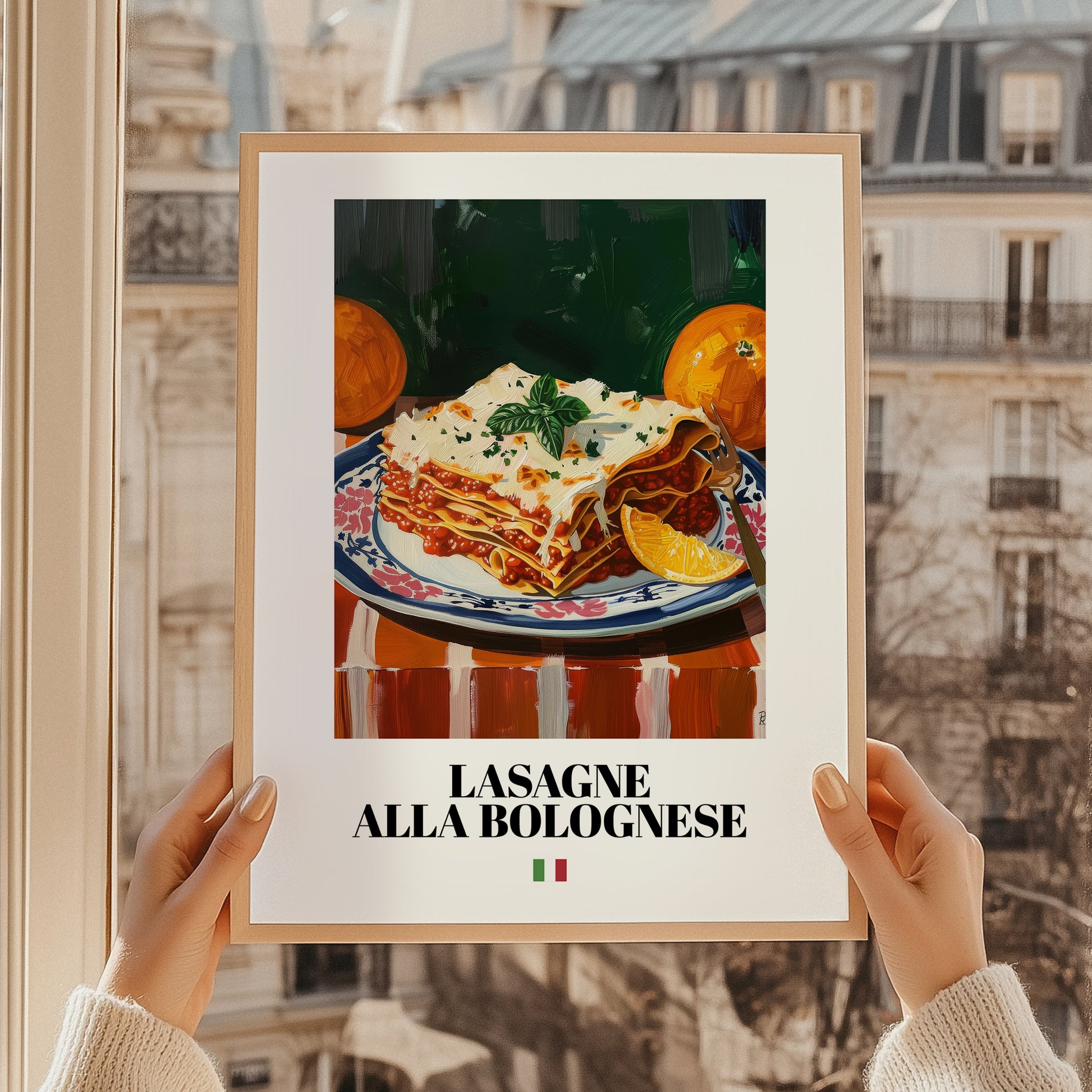 Lasagne alla Bolognese – Italian Pasta, Osteria Wall Art, styled in a charming Paris street view
