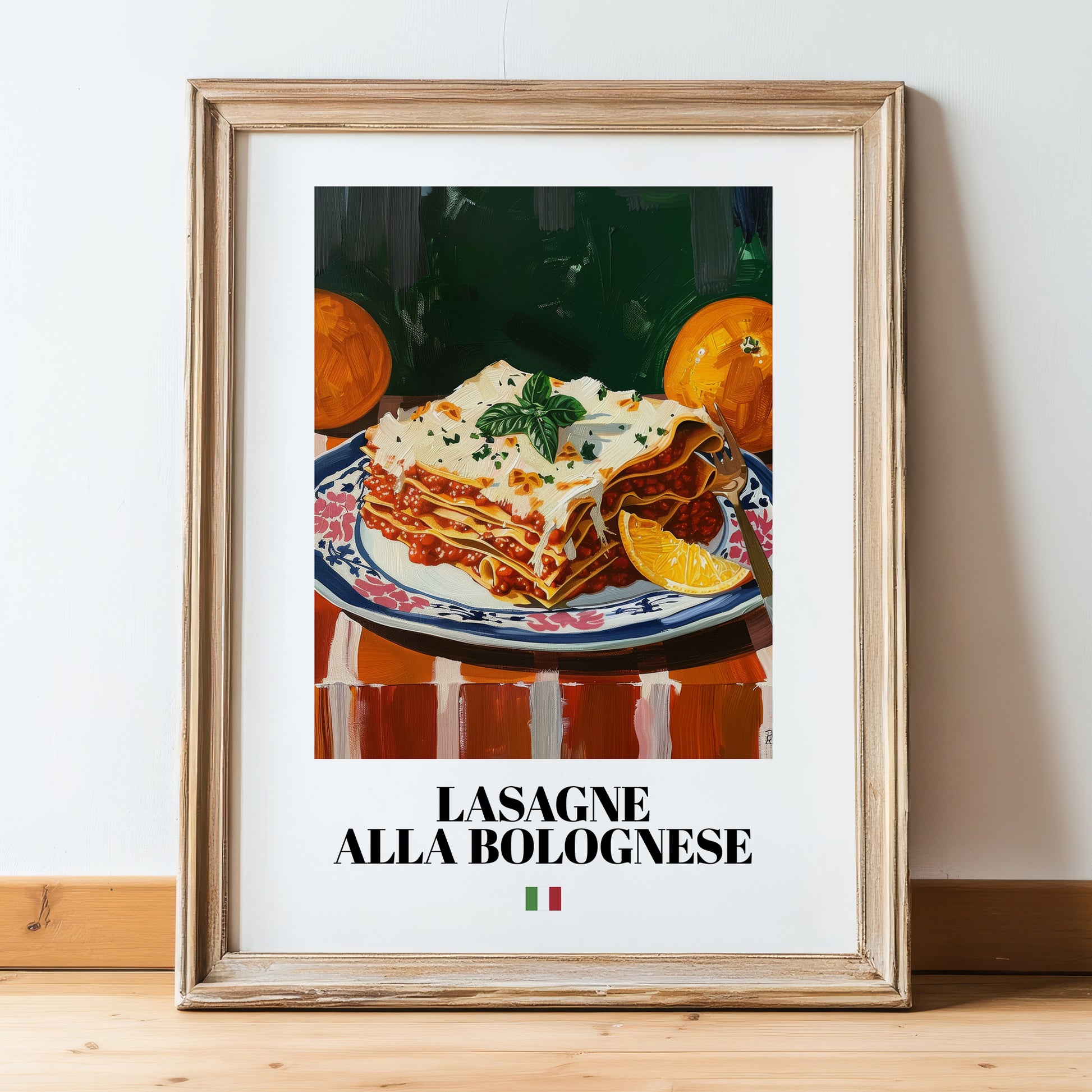 Lasagne alla Bolognese – Italian Pasta, Osteria Wall Art, in wooden frame leaning on the floor