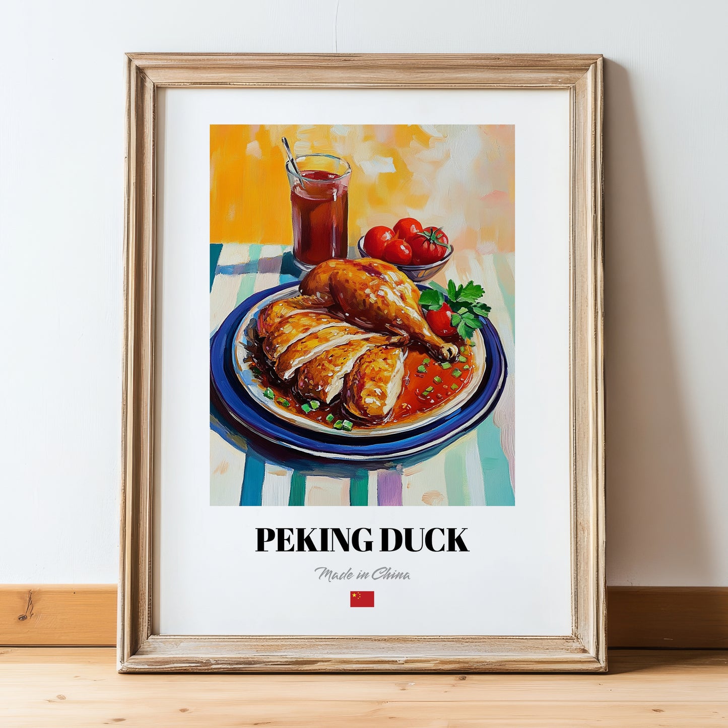 Peking Duck – Oil Painting, Chinese Food Wall Decor, in wooden frame leaning on the floor