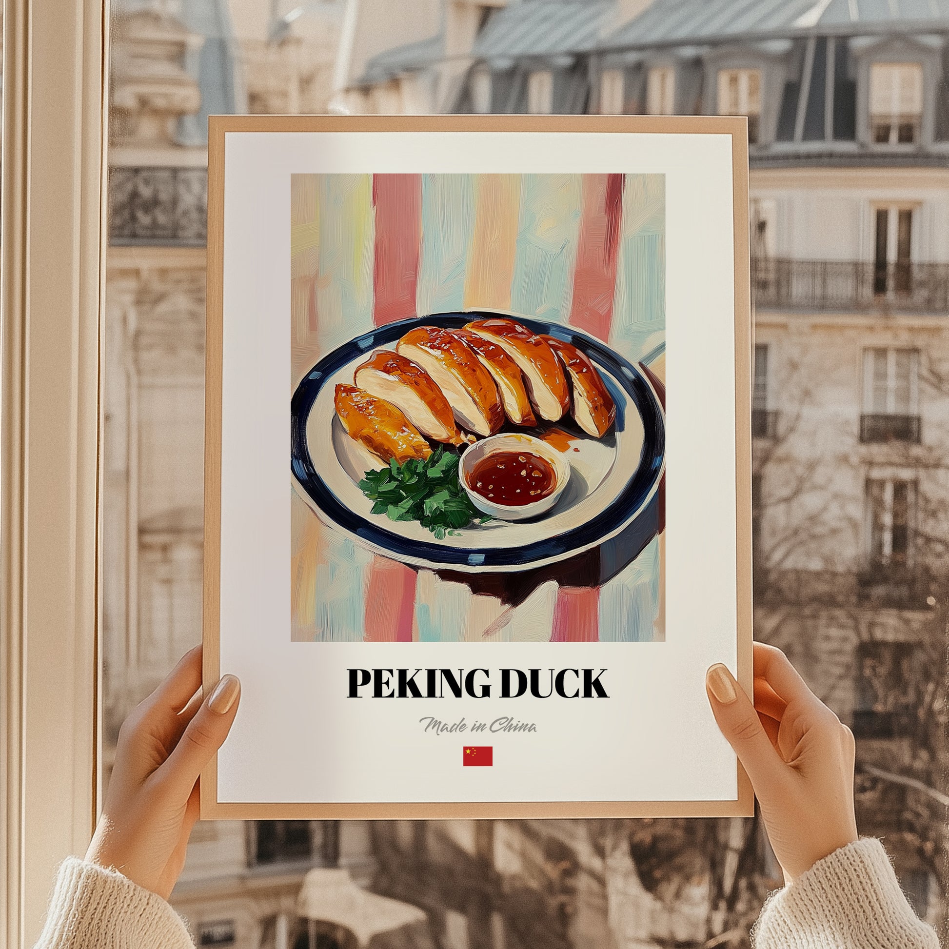Peking Duck – on Striped Tablecloth, Chinese Food Poster, styled in a charming Paris street view