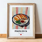 Peking Duck – on Striped Tablecloth, Chinese Food Poster, in wooden frame leaning on the floor