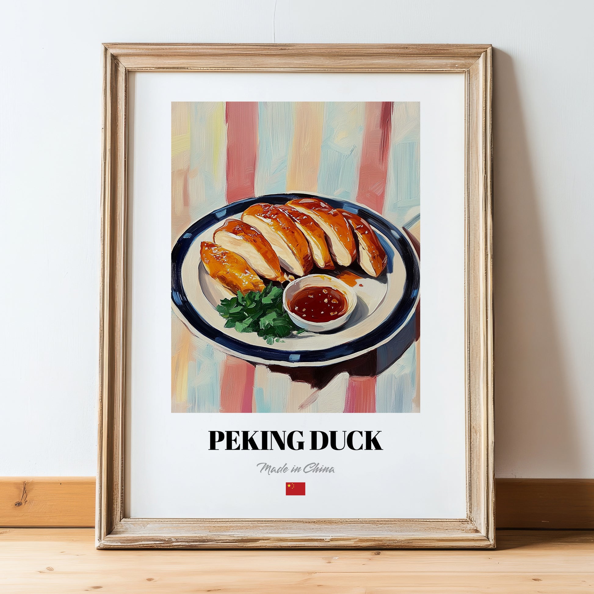 Peking Duck – on Striped Tablecloth, Chinese Food Poster, in wooden frame leaning on the floor