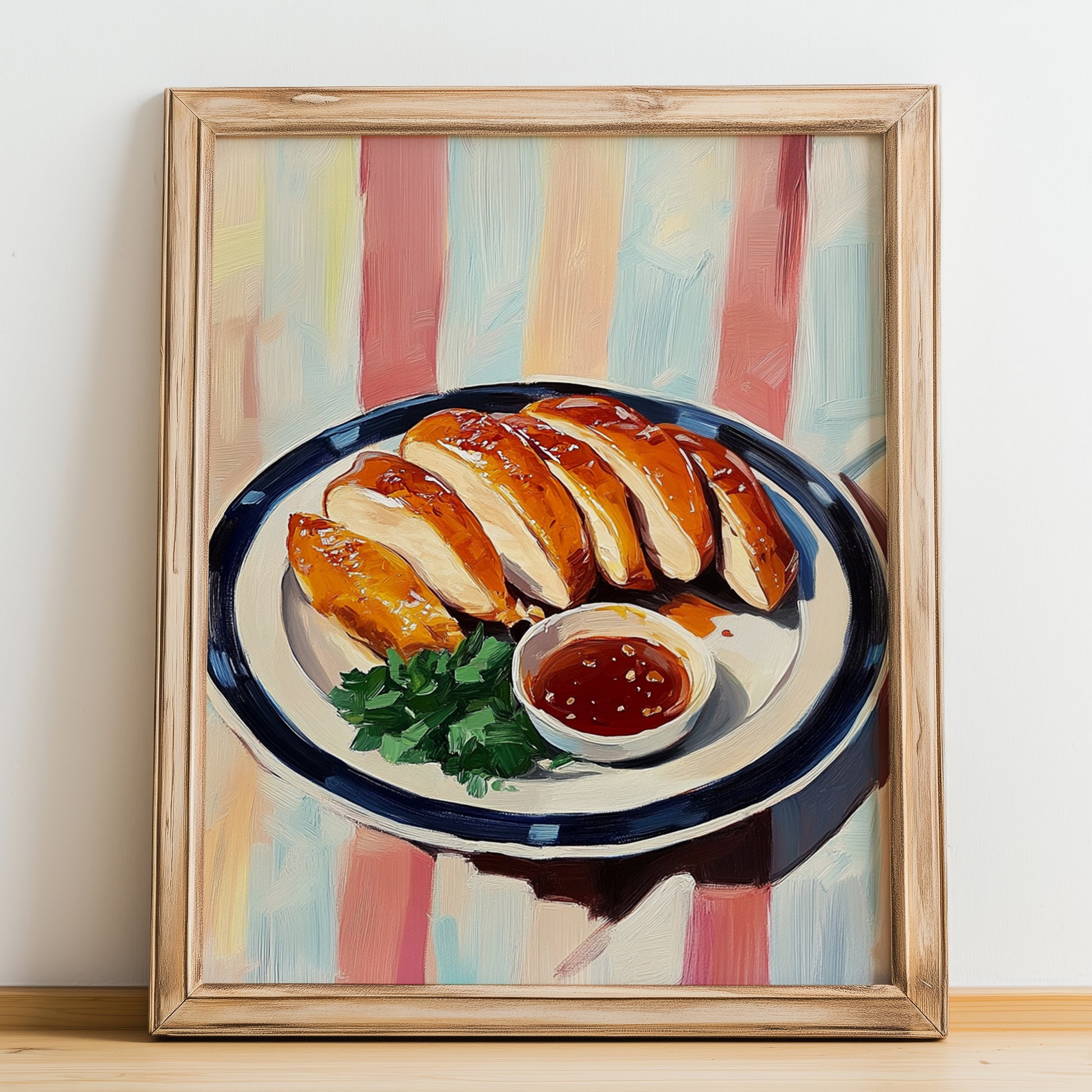 Peking Duck – on Striped Tablecloth, Chinese Food Poster, no-text version framed in wood