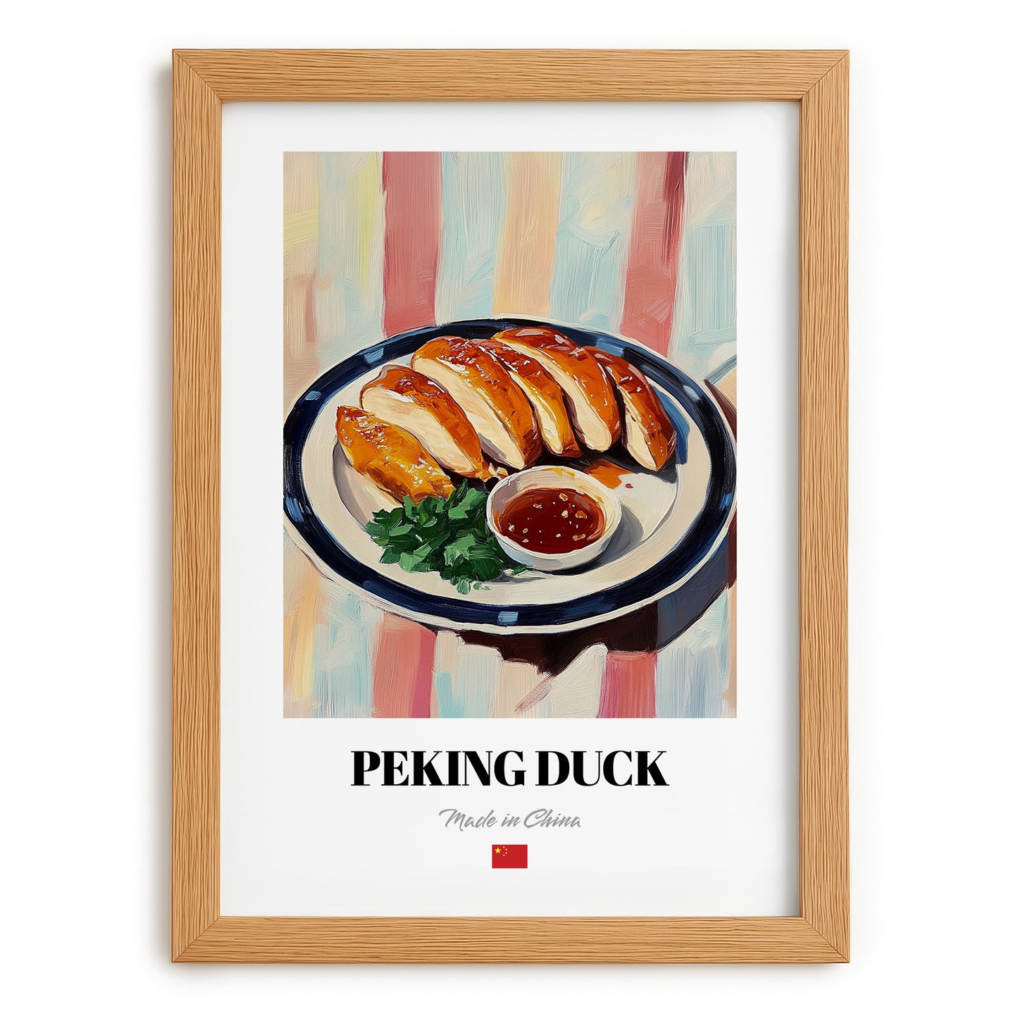 Peking Duck – on Striped Tablecloth, Chinese Food Poster, set in oak frame