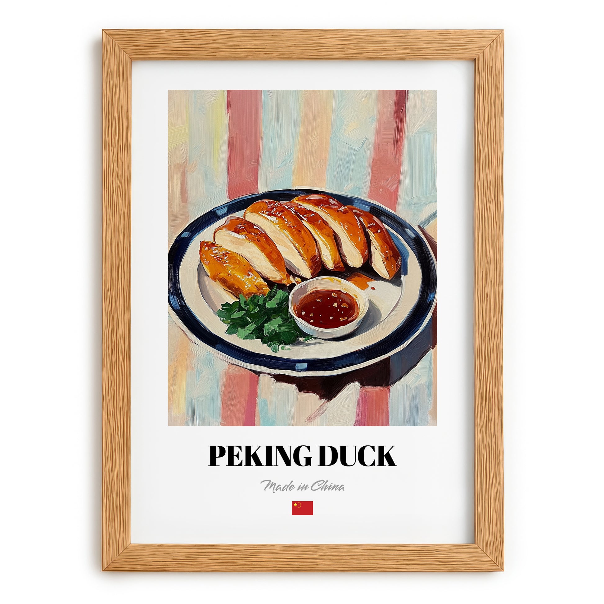 Peking Duck – on Striped Tablecloth, Chinese Food Poster, set in oak frame