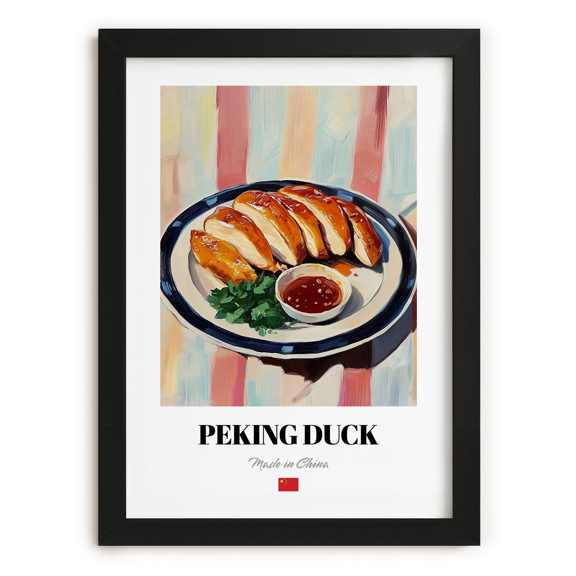 Peking Duck – on Striped Tablecloth, Chinese Food Poster, in sleek black frame