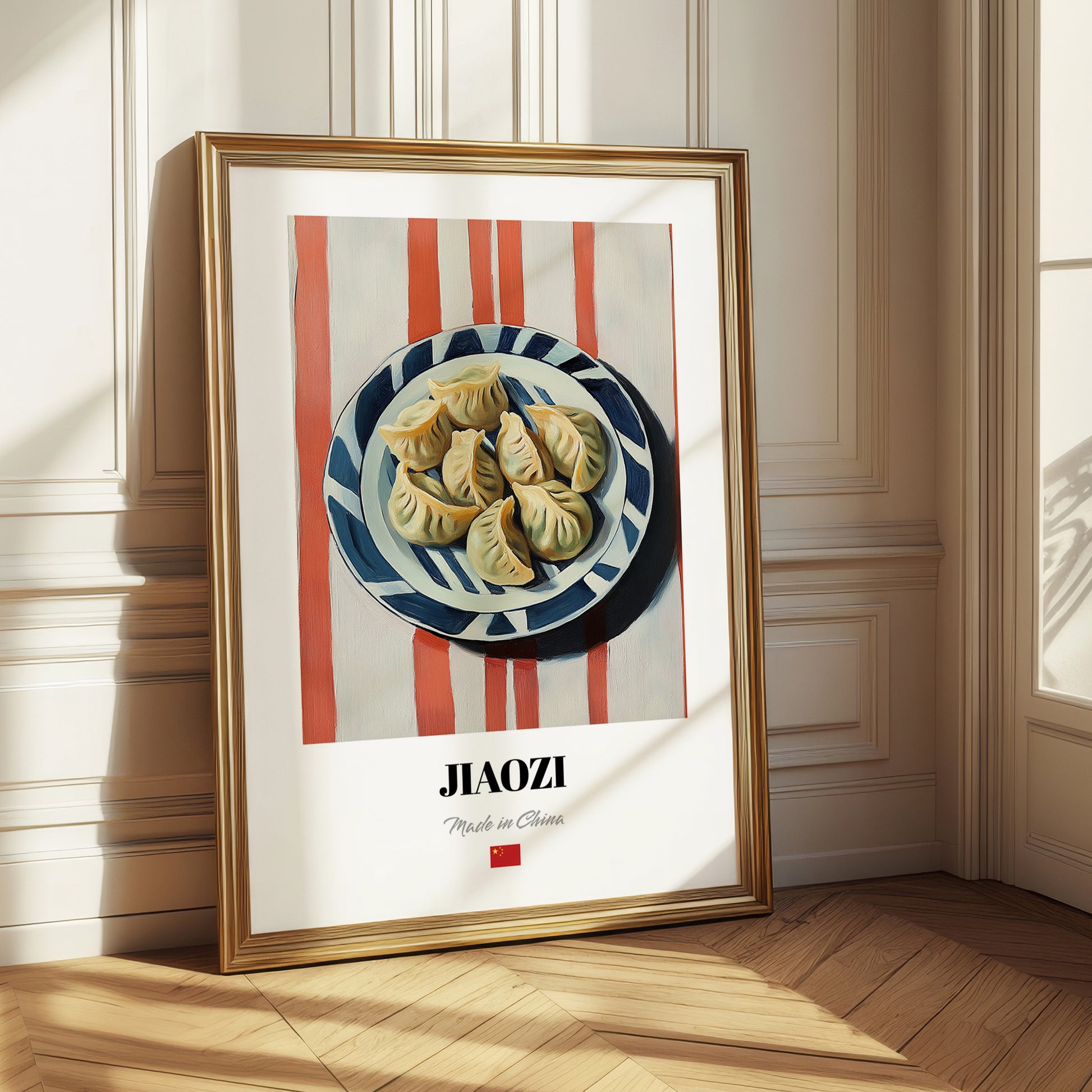 Jiaozi Dumplings – on Striped Tablecloth, Chinese Food Art