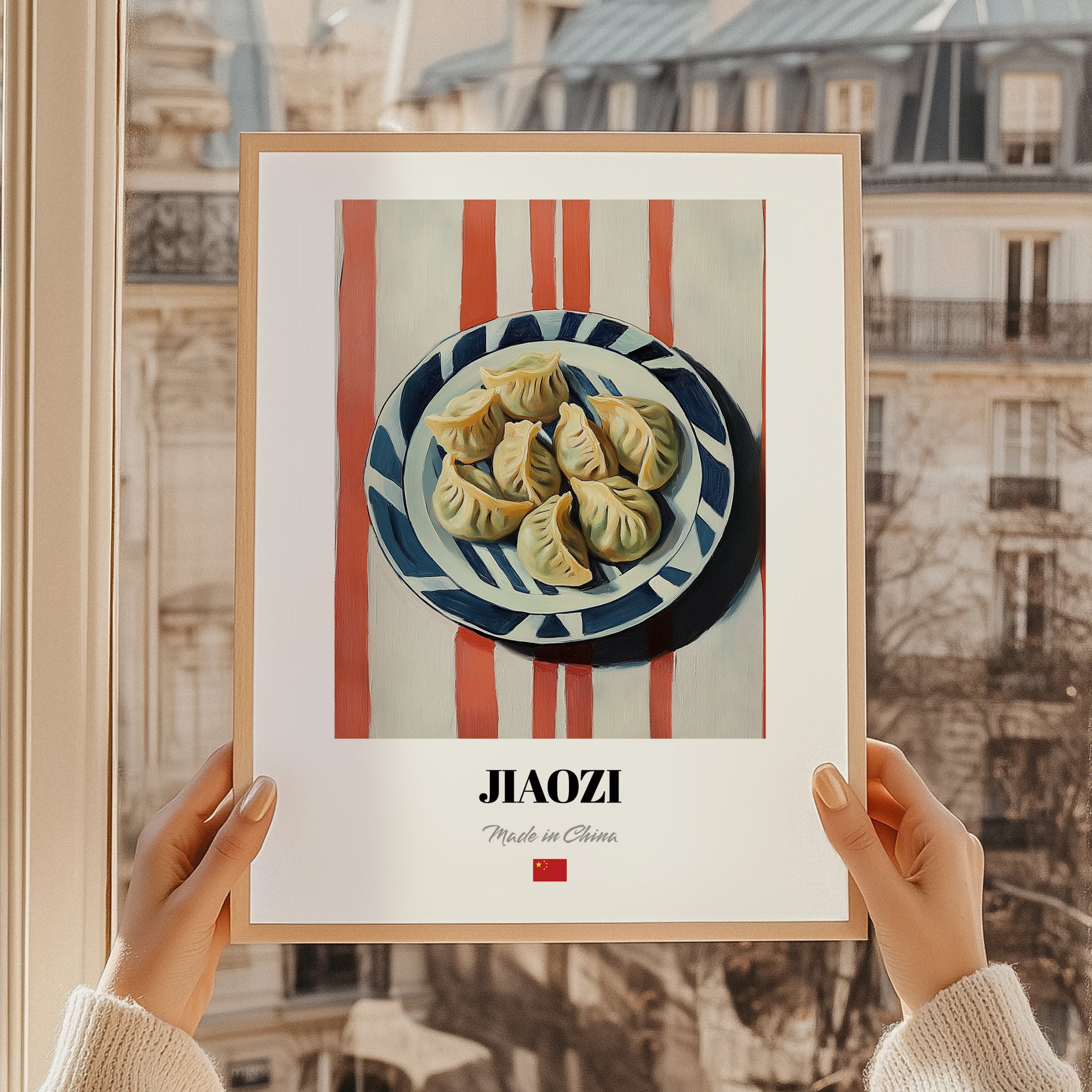 Jiaozi Dumplings – on Striped Tablecloth, Chinese Food Art, styled in a charming Paris street view