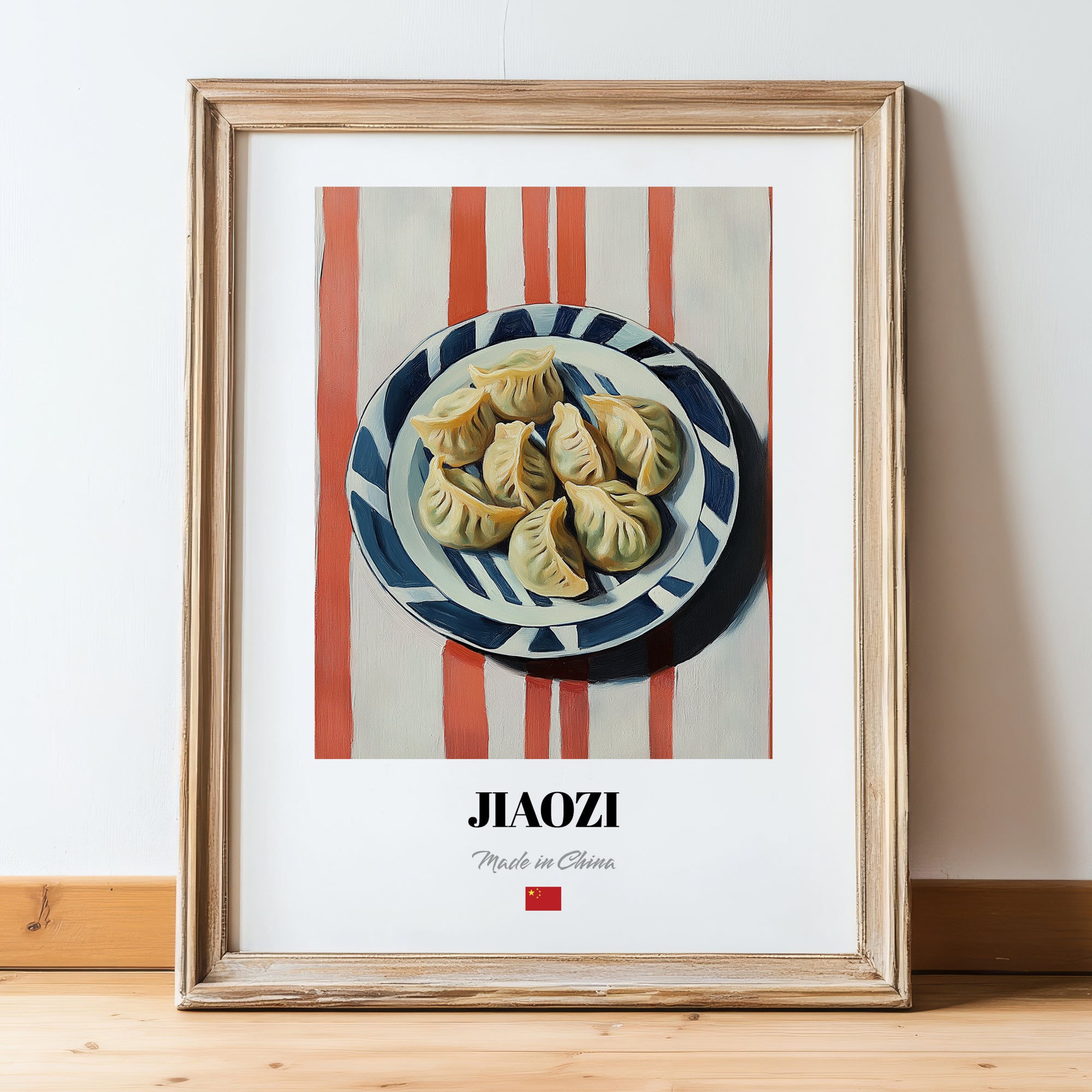 Jiaozi Dumplings – on Striped Tablecloth, Chinese Food Art, in wooden frame leaning on the floor