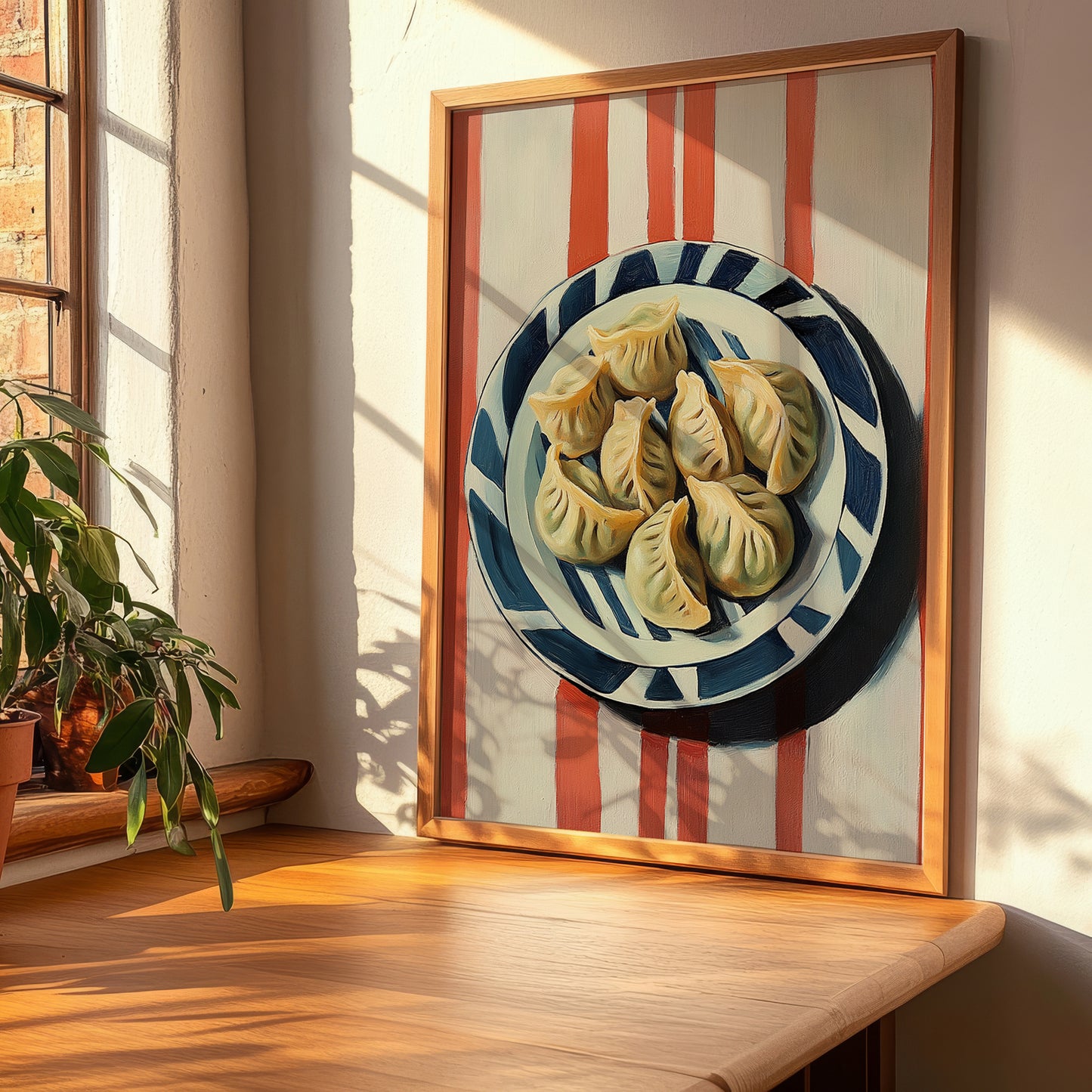 Jiaozi Dumplings – on Striped Tablecloth, Chinese Food Art, clean layout with no caption