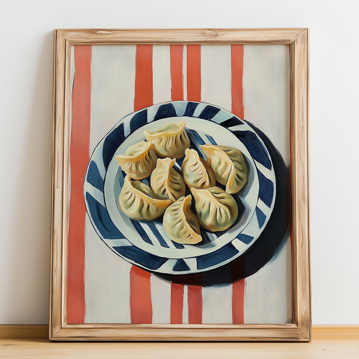 Jiaozi Dumplings – on Striped Tablecloth, Chinese Food Art, no-text version framed in wood