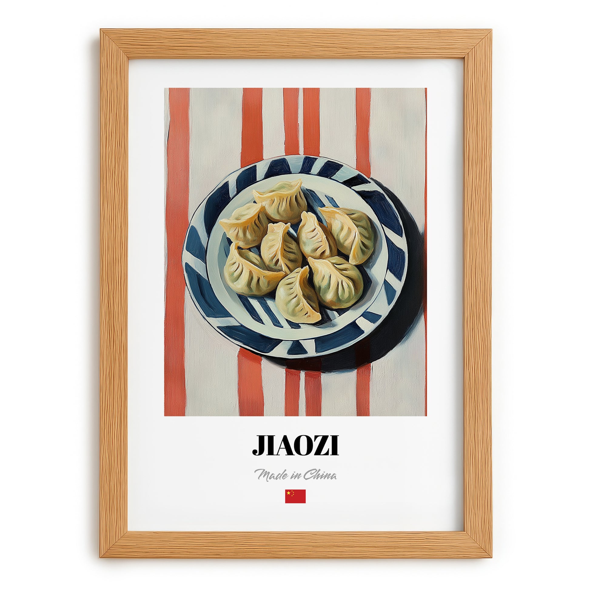 Jiaozi Dumplings – on Striped Tablecloth, Chinese Food Art, set in oak frame