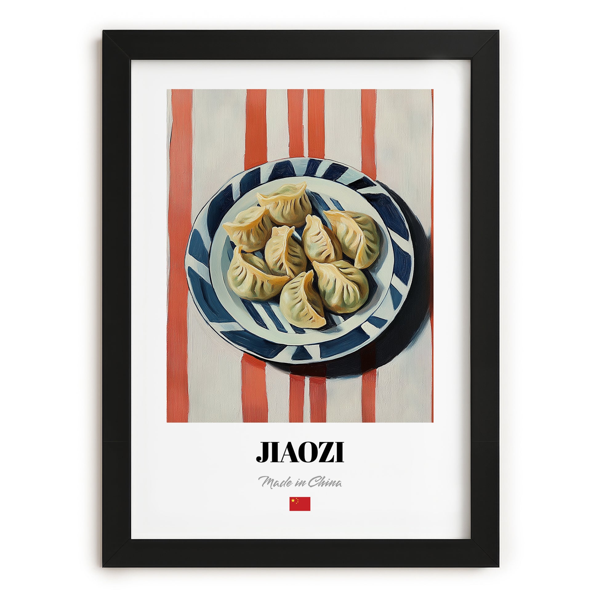 Jiaozi Dumplings – on Striped Tablecloth, Chinese Food Art, in sleek black frame