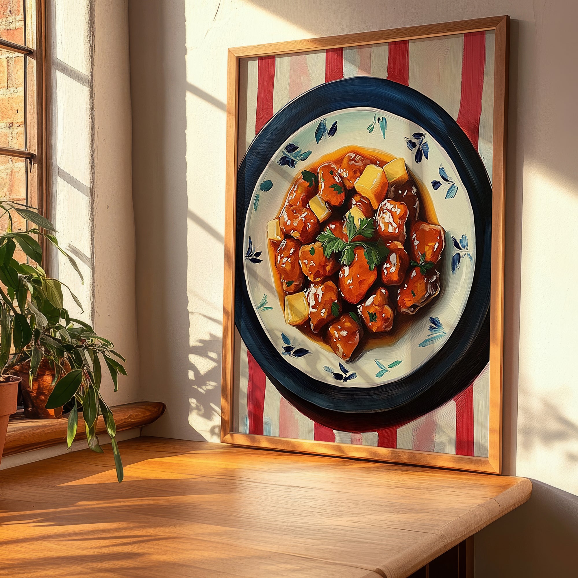 Sweet and Sour Pork – on Striped Tablecloth, Chinese Food Print, clean layout with no caption