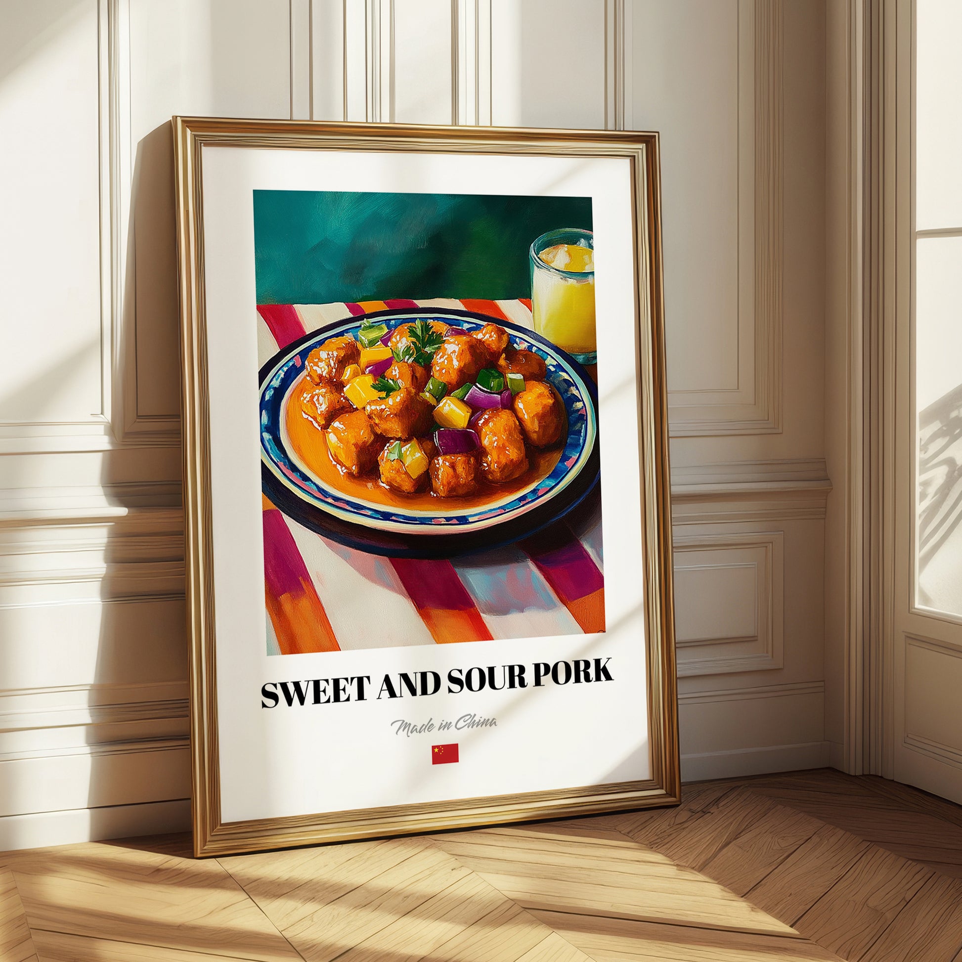 Sweet and Sour Pork – on Striped Tablecloth, Chinese Food Painting