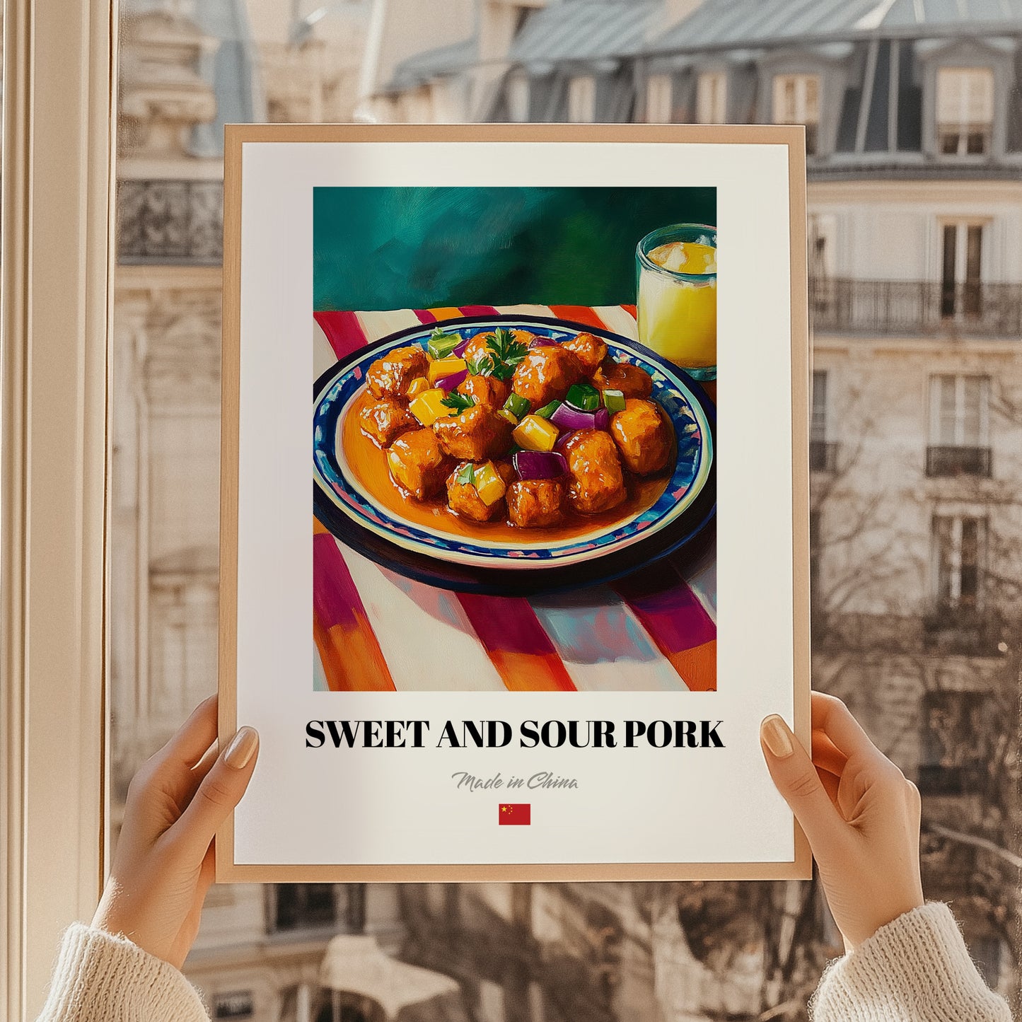 Sweet and Sour Pork – on Striped Tablecloth, Chinese Food Painting, styled in a charming Paris street view