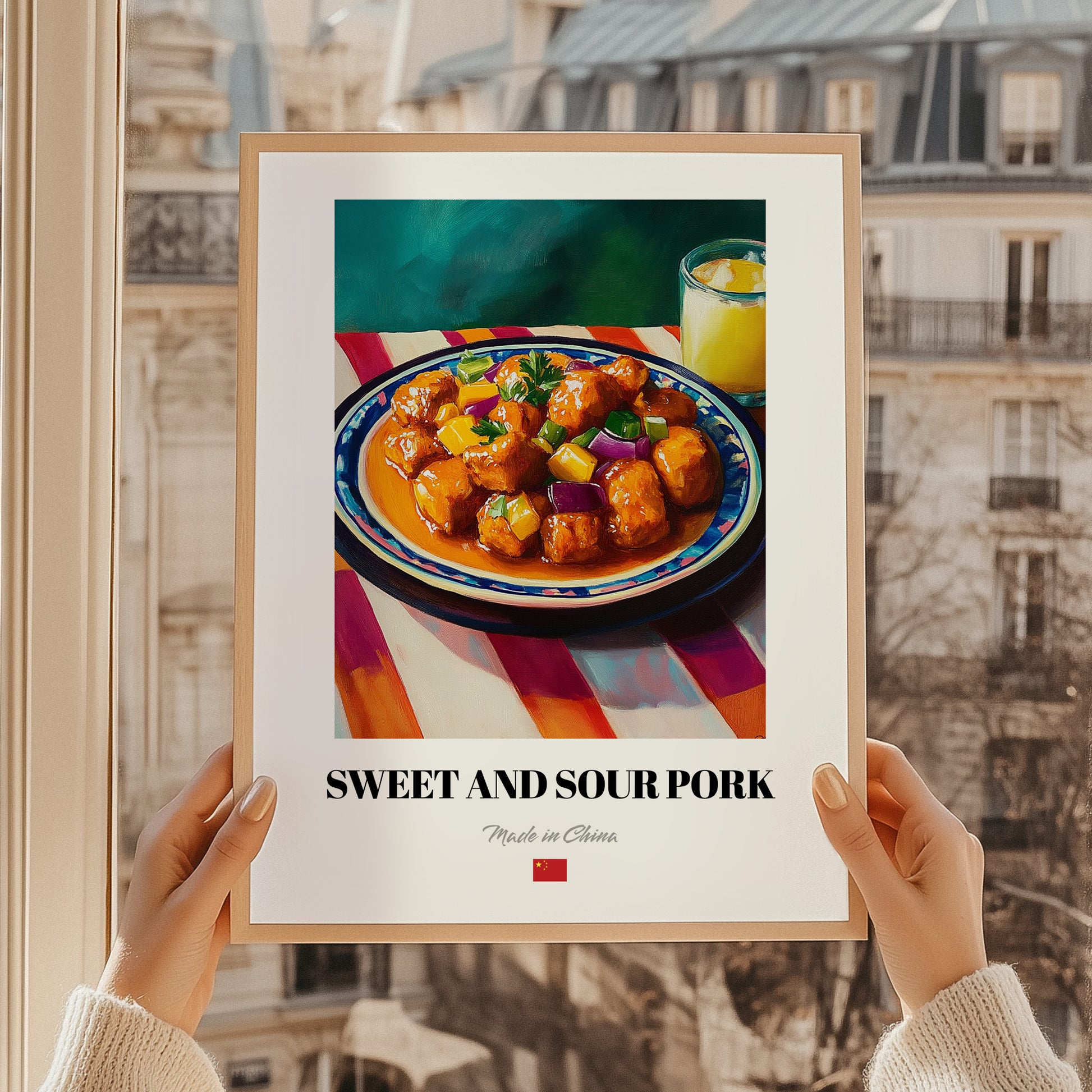 Sweet and Sour Pork – on Striped Tablecloth, Chinese Food Painting, styled in a charming Paris street view