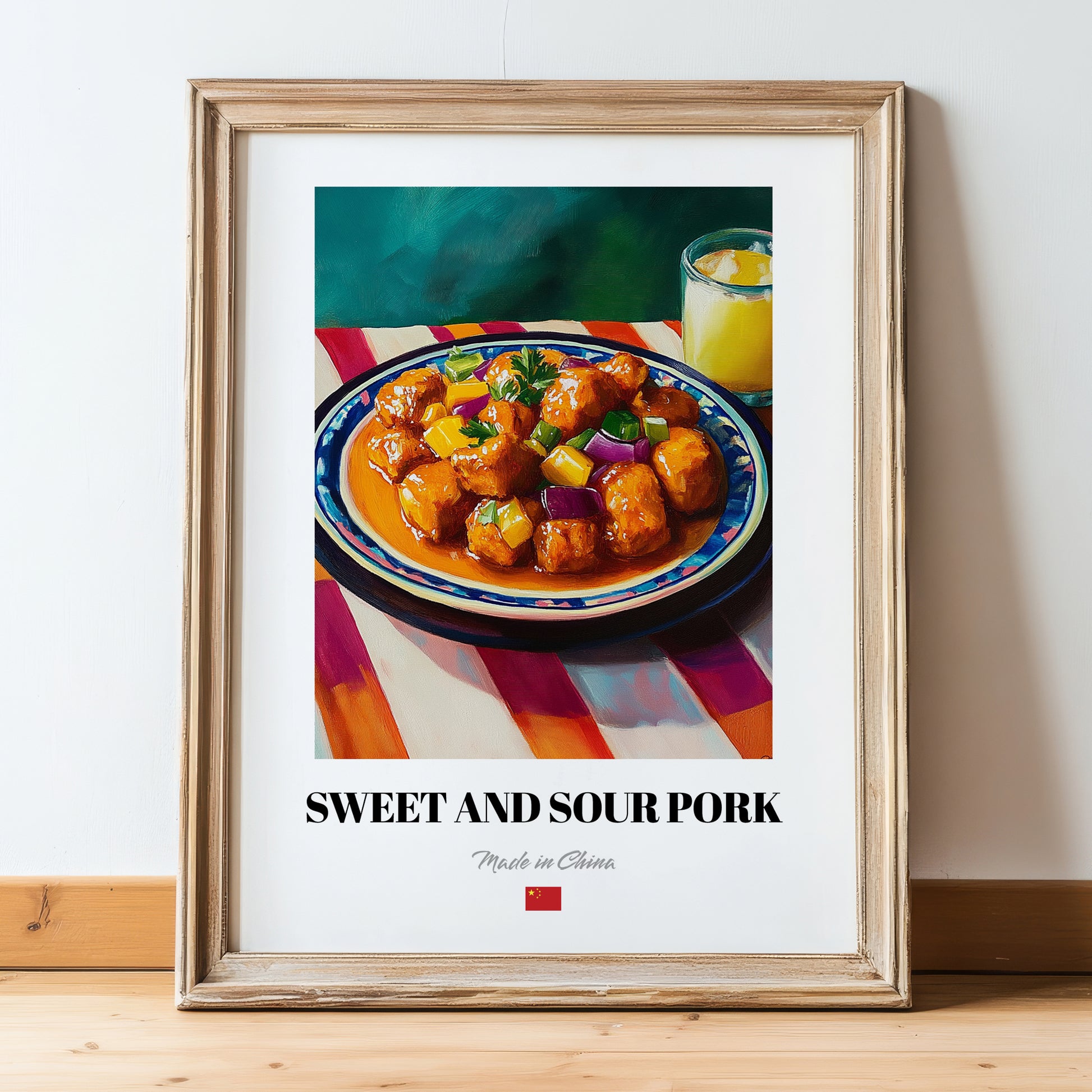 Sweet and Sour Pork – on Striped Tablecloth, Chinese Food Painting, in wooden frame leaning on the floor