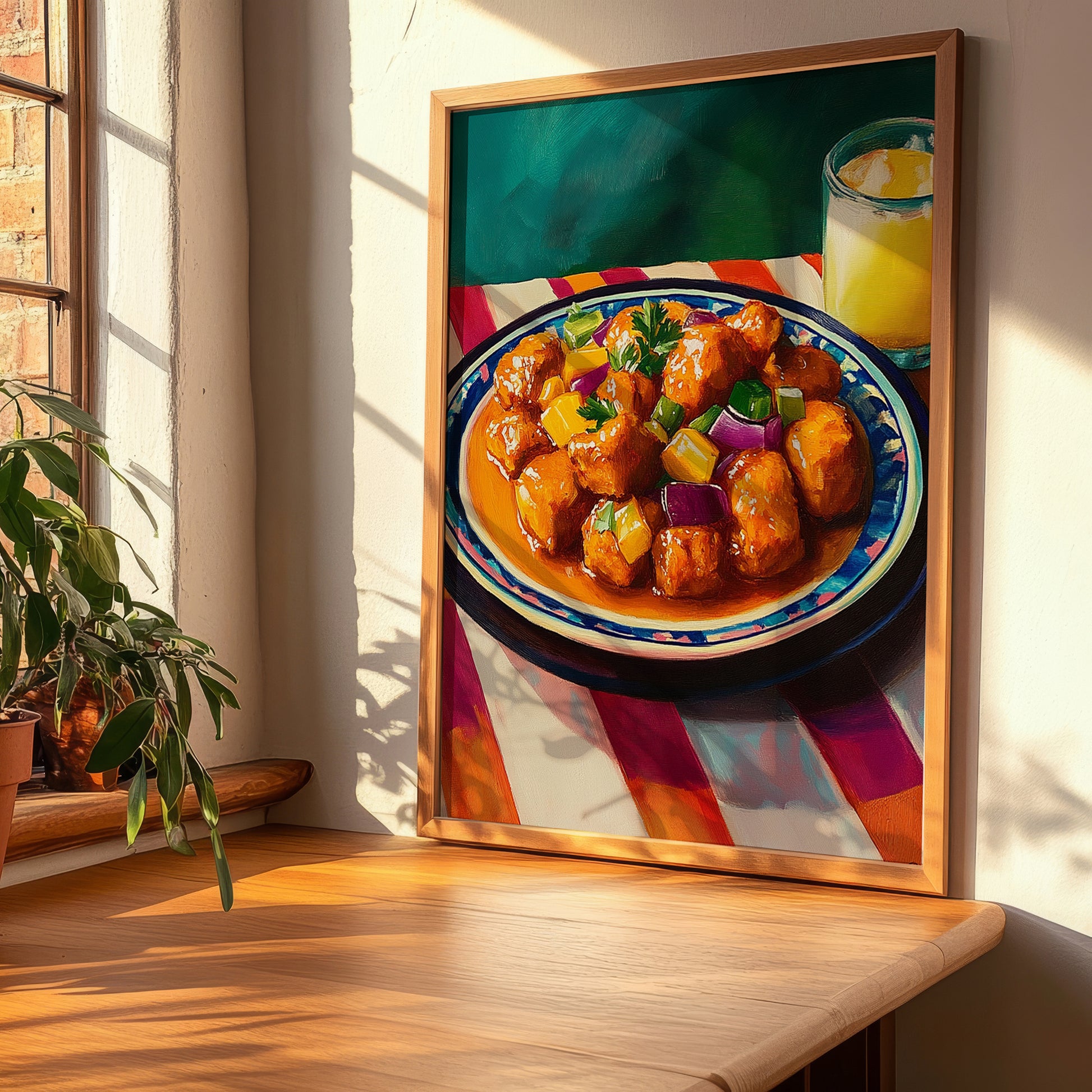 Sweet and Sour Pork – on Striped Tablecloth, Chinese Food Painting, clean layout with no caption