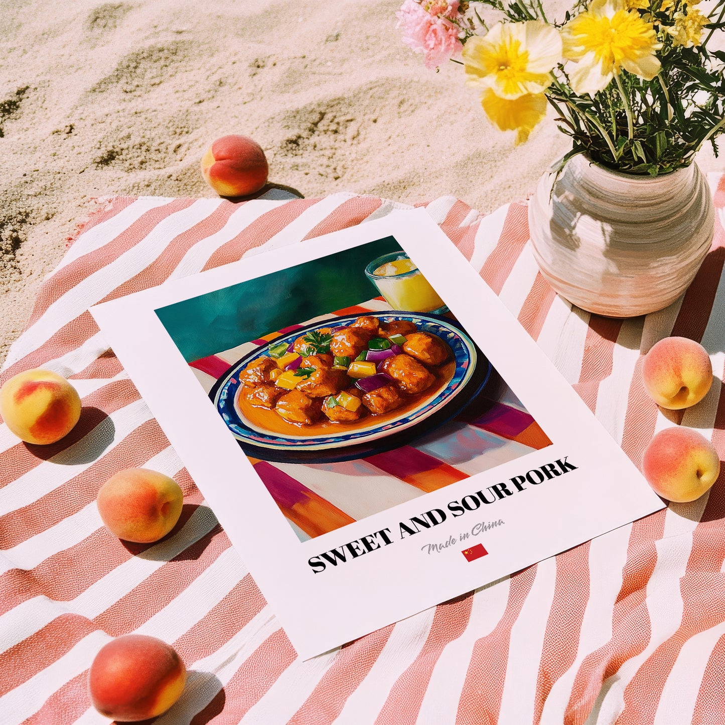 Sweet and Sour Pork – on Striped Tablecloth, Chinese Food Painting, unframed on coastal sand