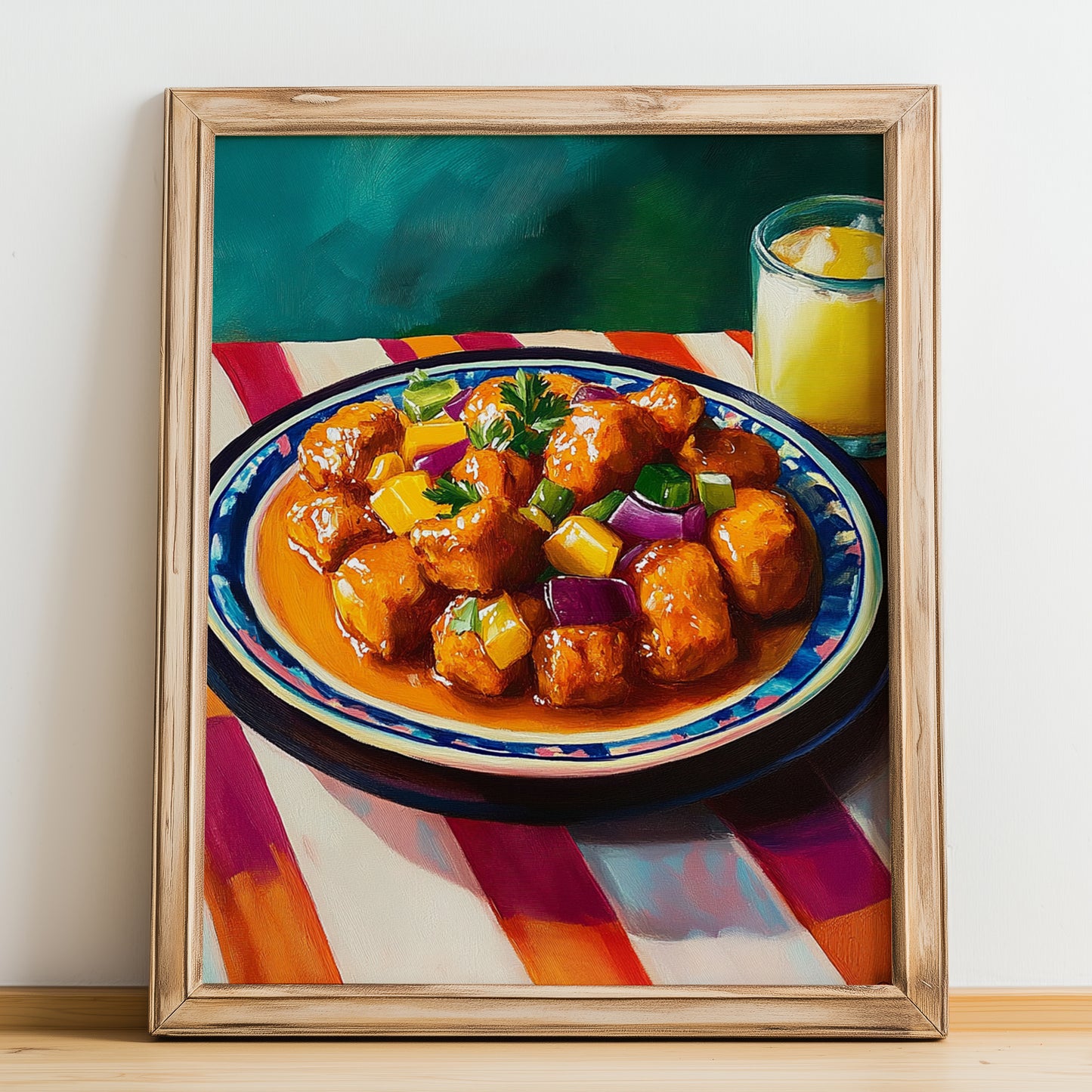 Sweet and Sour Pork – on Striped Tablecloth, Chinese Food Painting, no-text version framed in wood