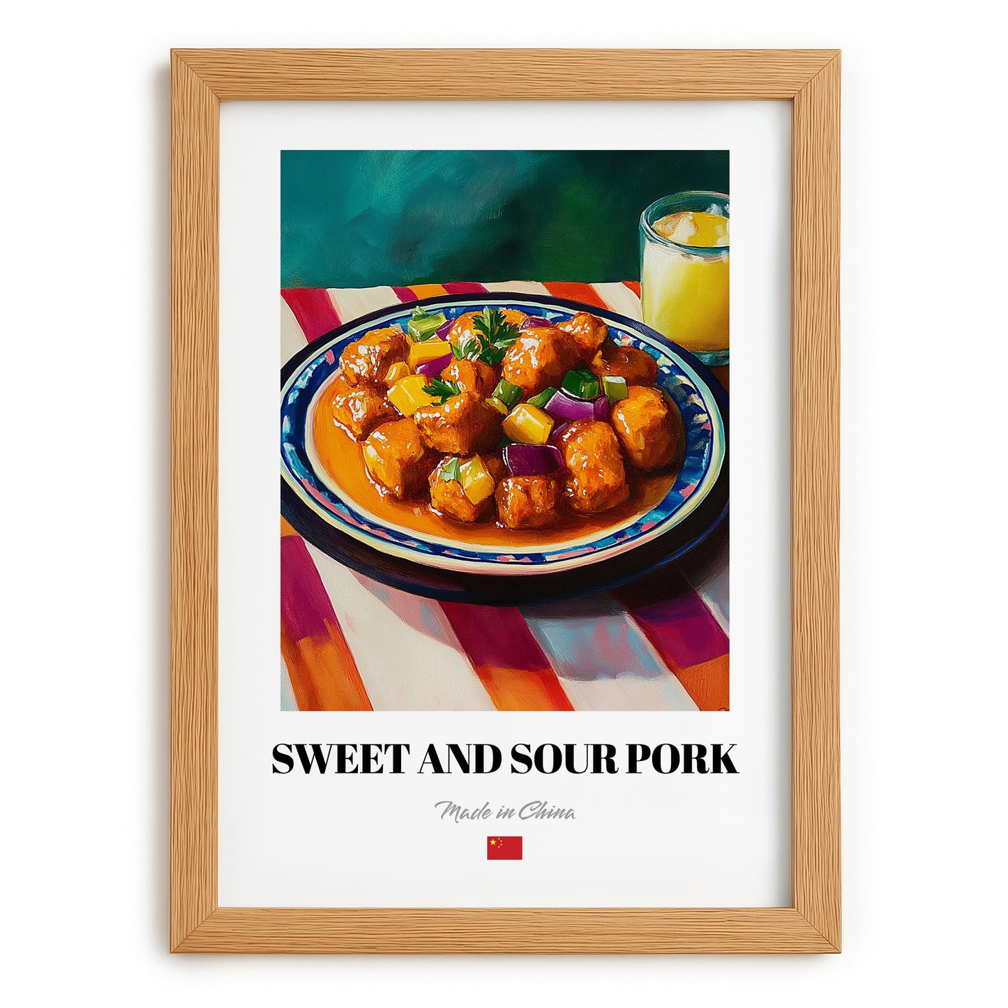 Sweet and Sour Pork – on Striped Tablecloth, Chinese Food Painting, set in oak frame
