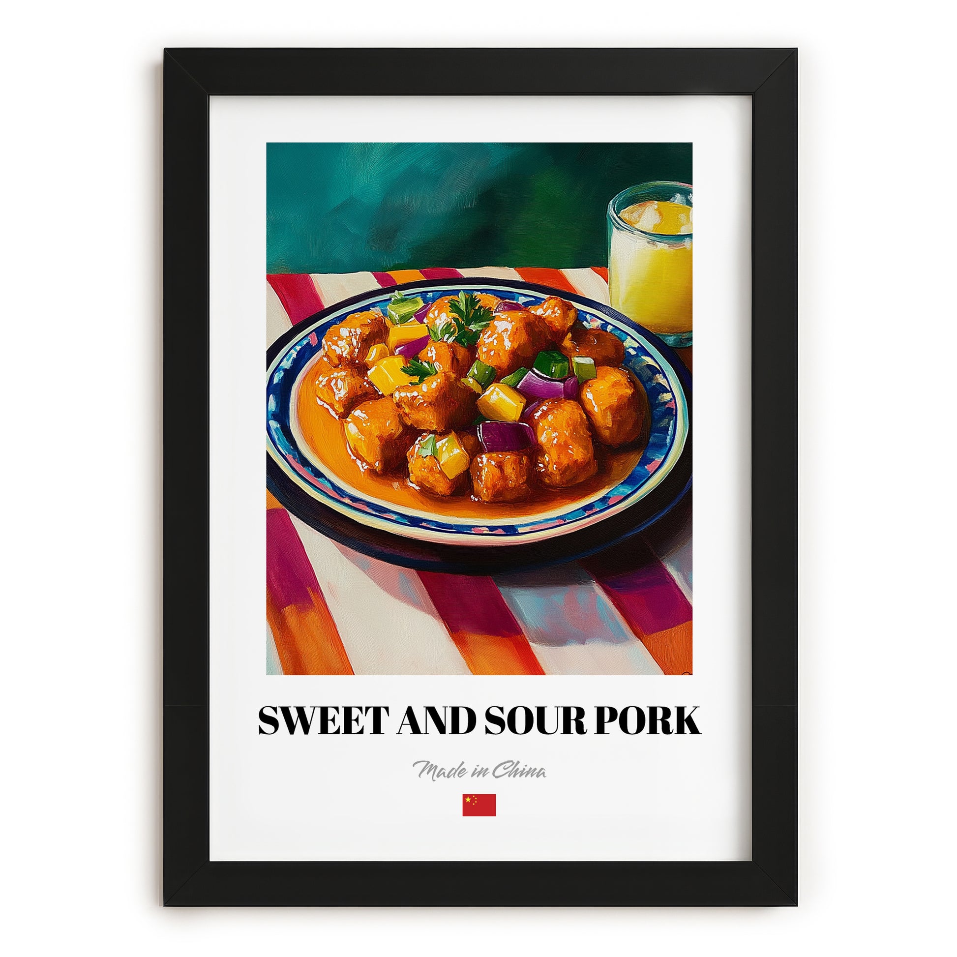 Sweet and Sour Pork – on Striped Tablecloth, Chinese Food Painting, in sleek black frame