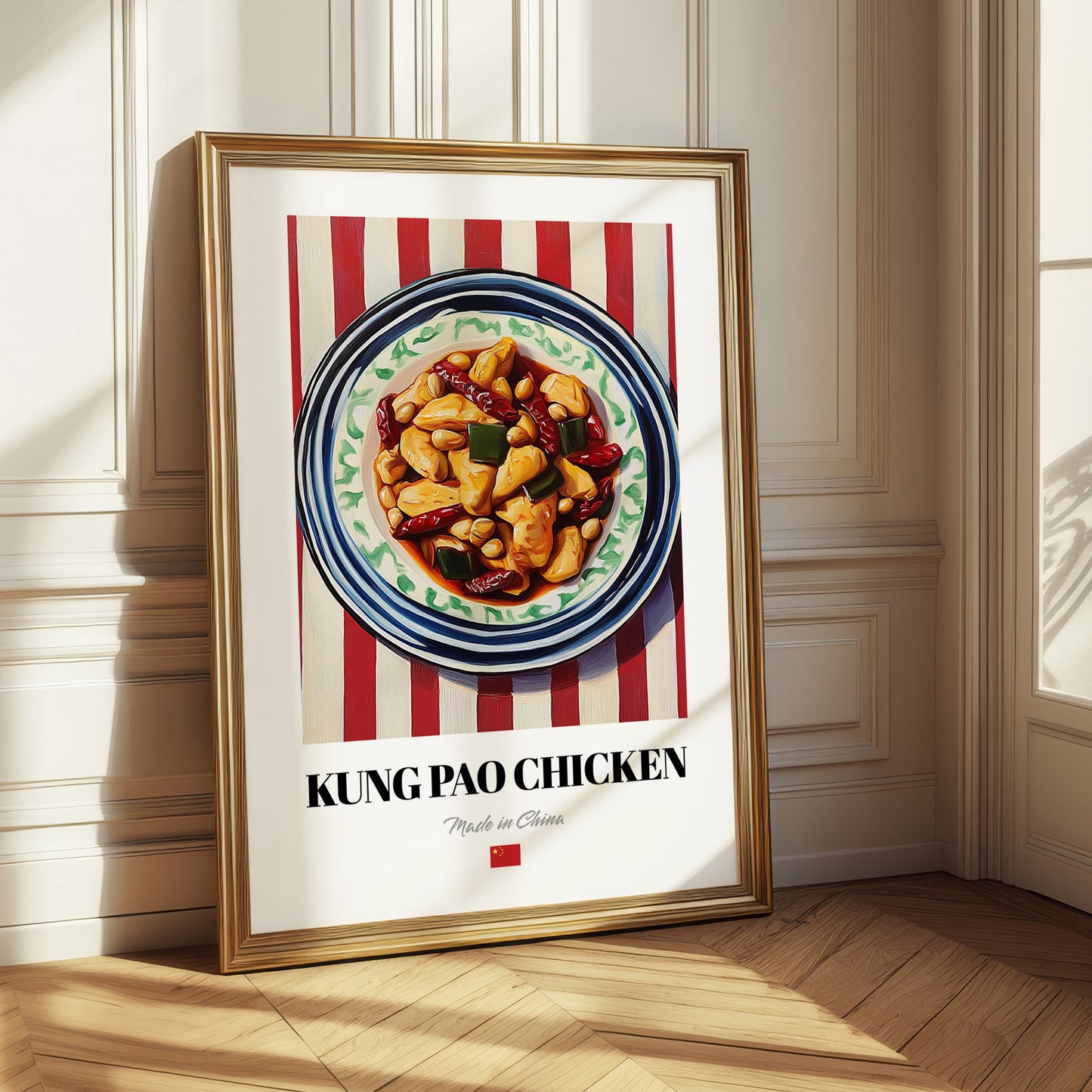 Kung Pao Chicken – on Striped Tablecloth, Chinese Food Art