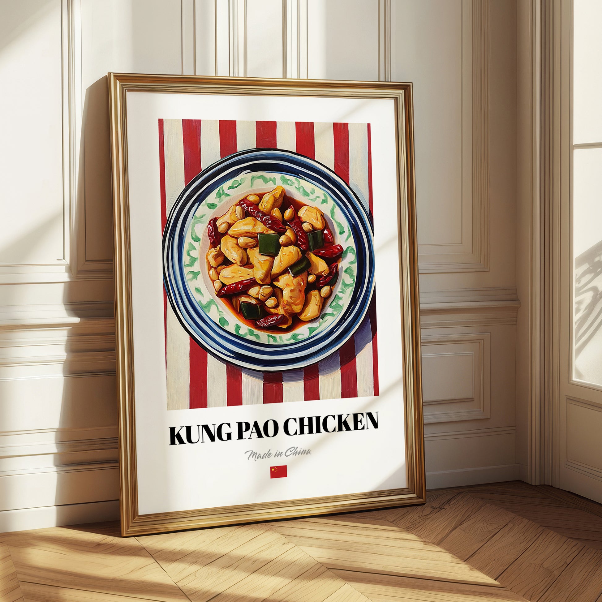 Kung Pao Chicken – on Striped Tablecloth, Chinese Food Art